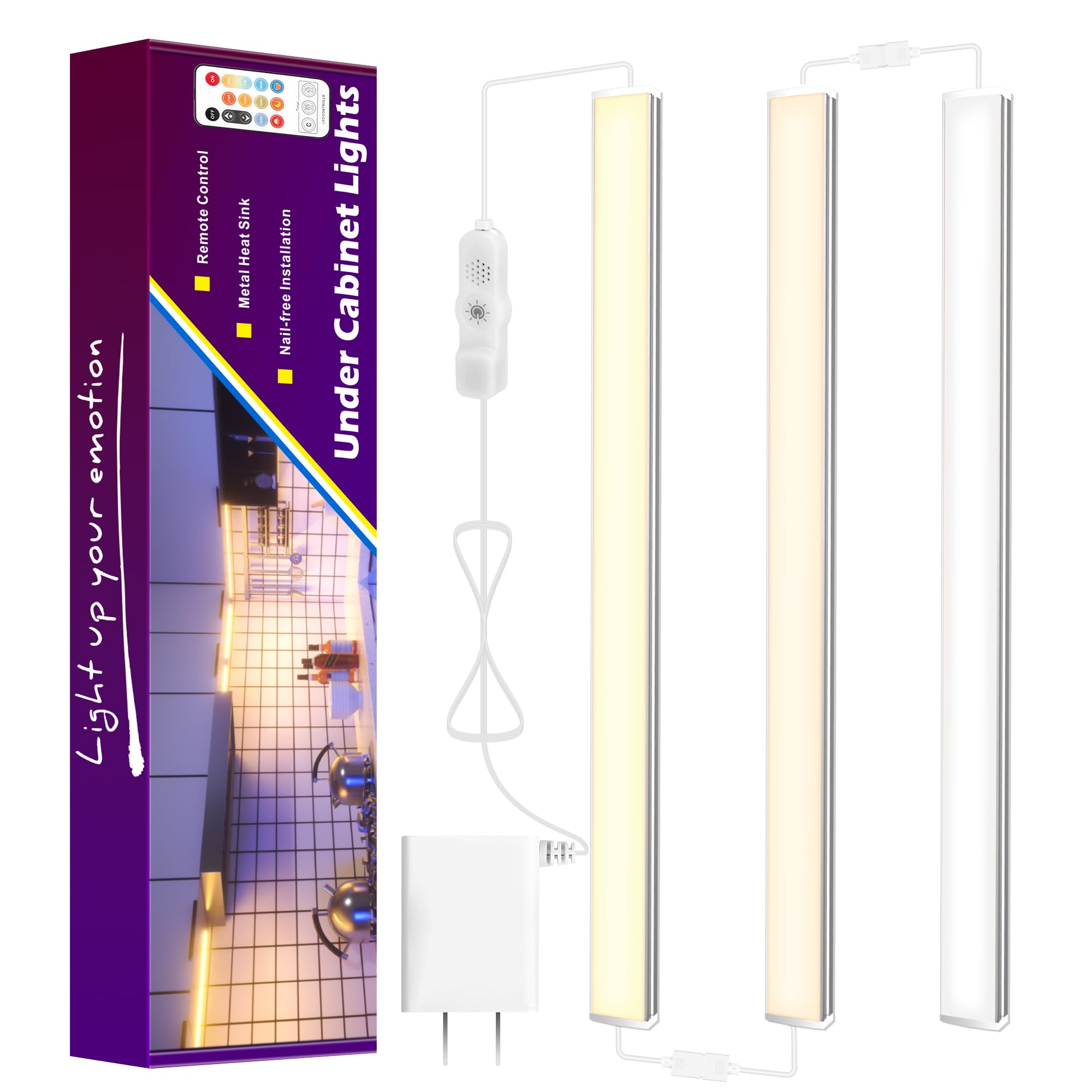 Maylit Under Cabinet Lights Plug in - 3 Pack 12 Inch Multi-Color LED Under Cabinet Lighting, Super Bright Dimmable Under Counter Lights for Kitchen Cabinets, Countertops, Workbench & Desk | Perfect for Task Lighting, Accent Illumination & Home Decor