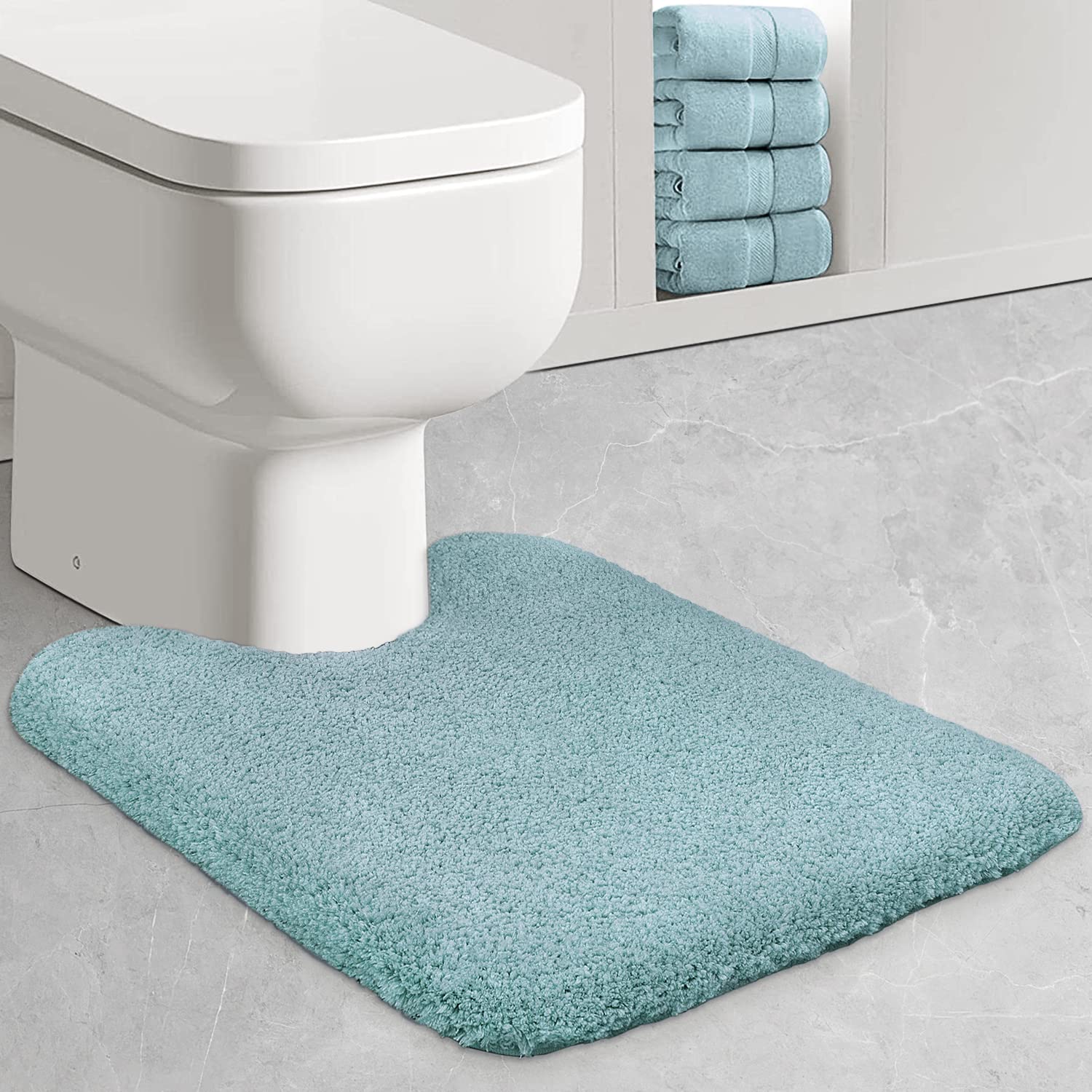 U-Shaped Non-Slip Shaggy Bath Rug - Machine Washable Toilet Mat for Bathroom Decor, Tub & Shower Floor Accessories (Turquoise) - Perfect for Bathroom Safety & Cozy Home Decor