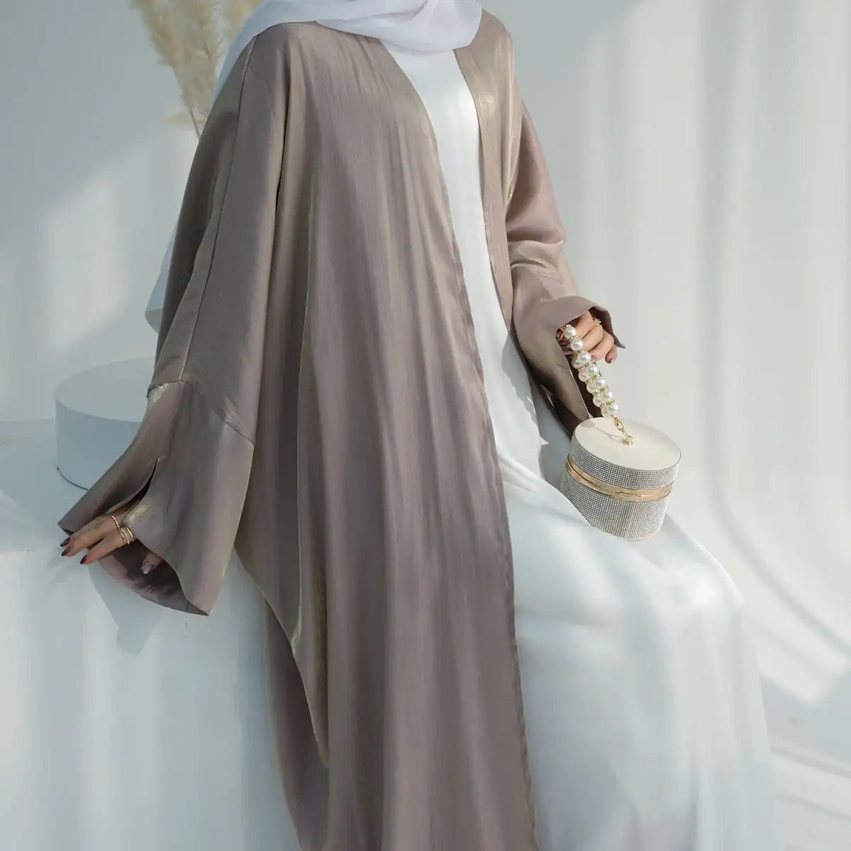 Gleam Shiny Cardigan Open Abaya Dress for Women - Elegant Long Sleeve Kimono Cover Up - Perfect for Prayer, Mosque, Parties & Special Occasions