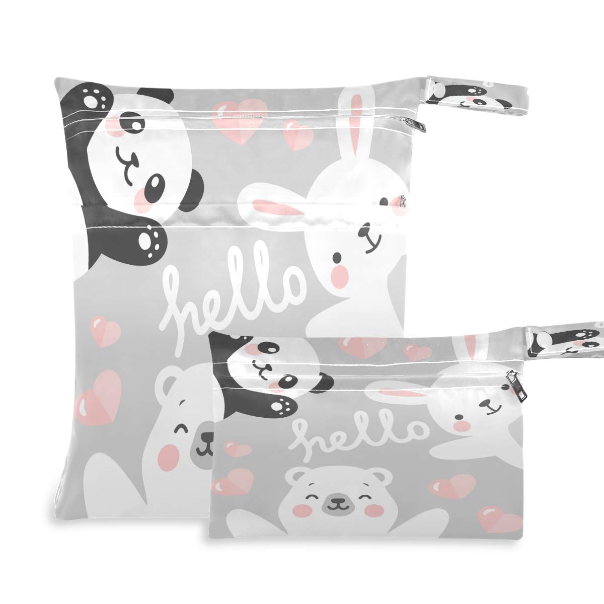 **Waterproof Wet Dry Bag 2 Pack - Reusable Cloth Diaper & Swimsuit Storage - Ideal for Travel, Beach, Gym & Baby Essentials - Panda Rabbit Teddy Bear Design**