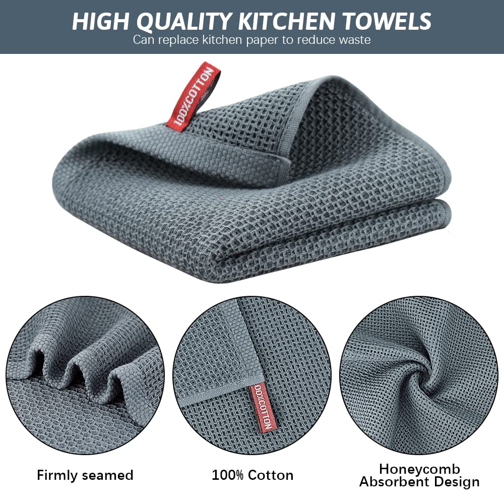 Nialnant 100% Cotton Waffle Weave Dish Towels - 4 Pack Super Absorbent & Quick Drying Kitchen Towels, 13x28 Inches Dark Gray - Perfect for Drying Dishes, Cleaning Countertops & Hand Drying