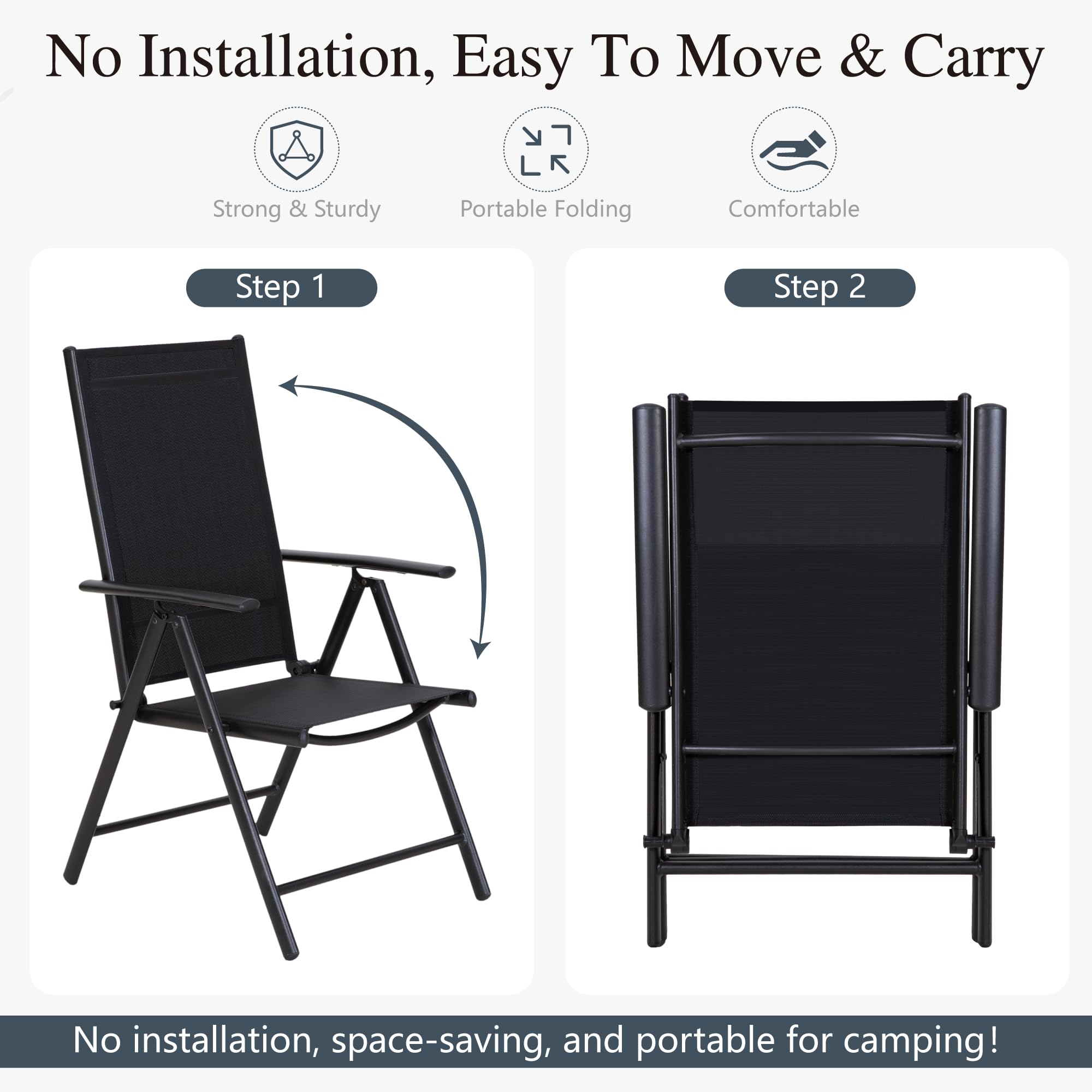 Sophia & William 4-Pack Outdoor Folding Chairs - Adjustable 7-Level Backrest, Lightweight Portable Textilene Patio Dining Chairs (Black) - Perfect for Backyard BBQs, Beach Trips, Camping & Picnics
