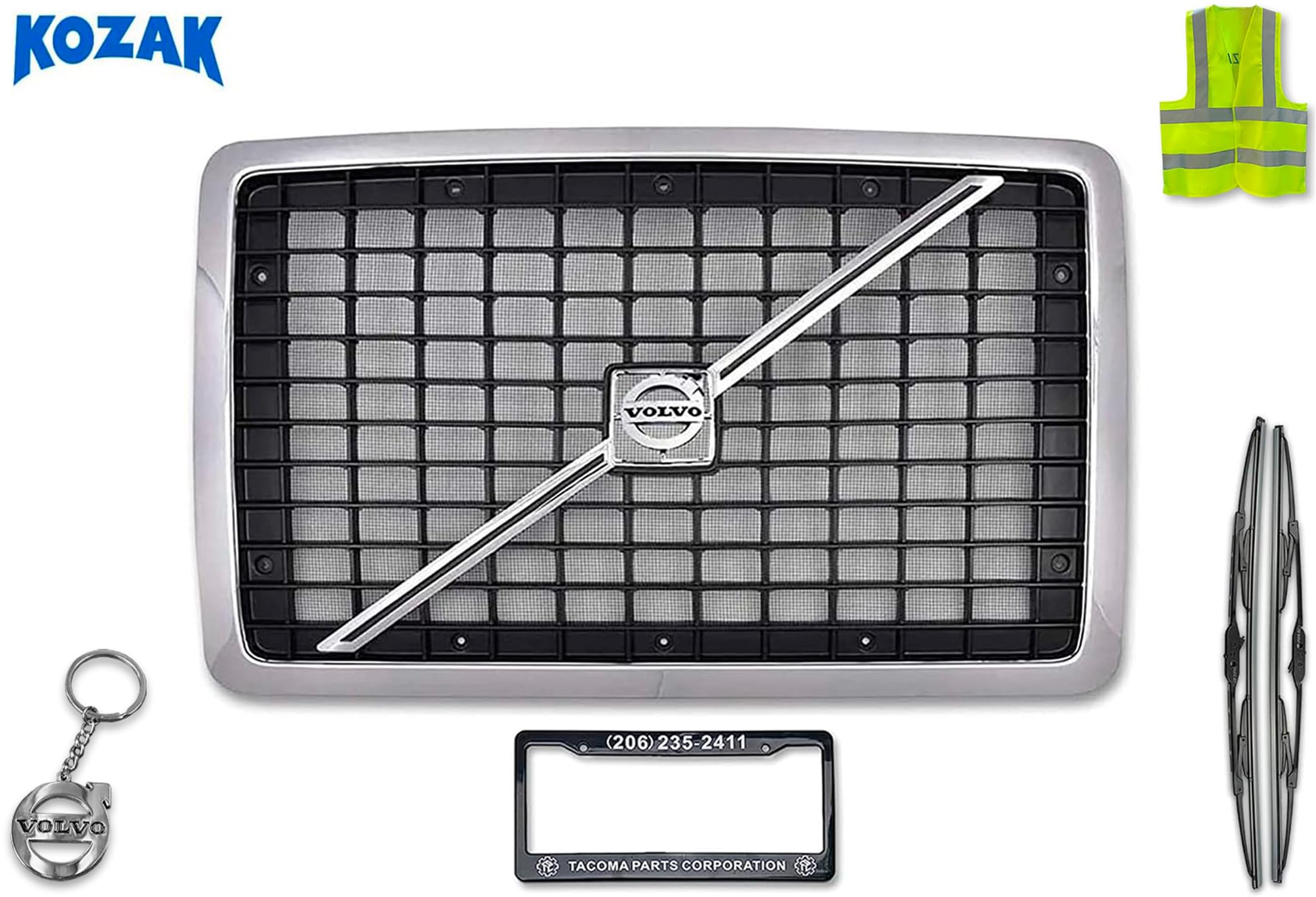 KOZAK Chrome Front Grille with Bug Net Screen for Volvo VNL 2004-2017 | PLUS Logo Stripe Design | Includes 22