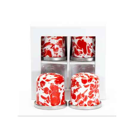 Premium Salt and Pepper Shaker Set - Vibrant Red Swirl Enamelware for Kitchen, Dining Table, and Gift Giving