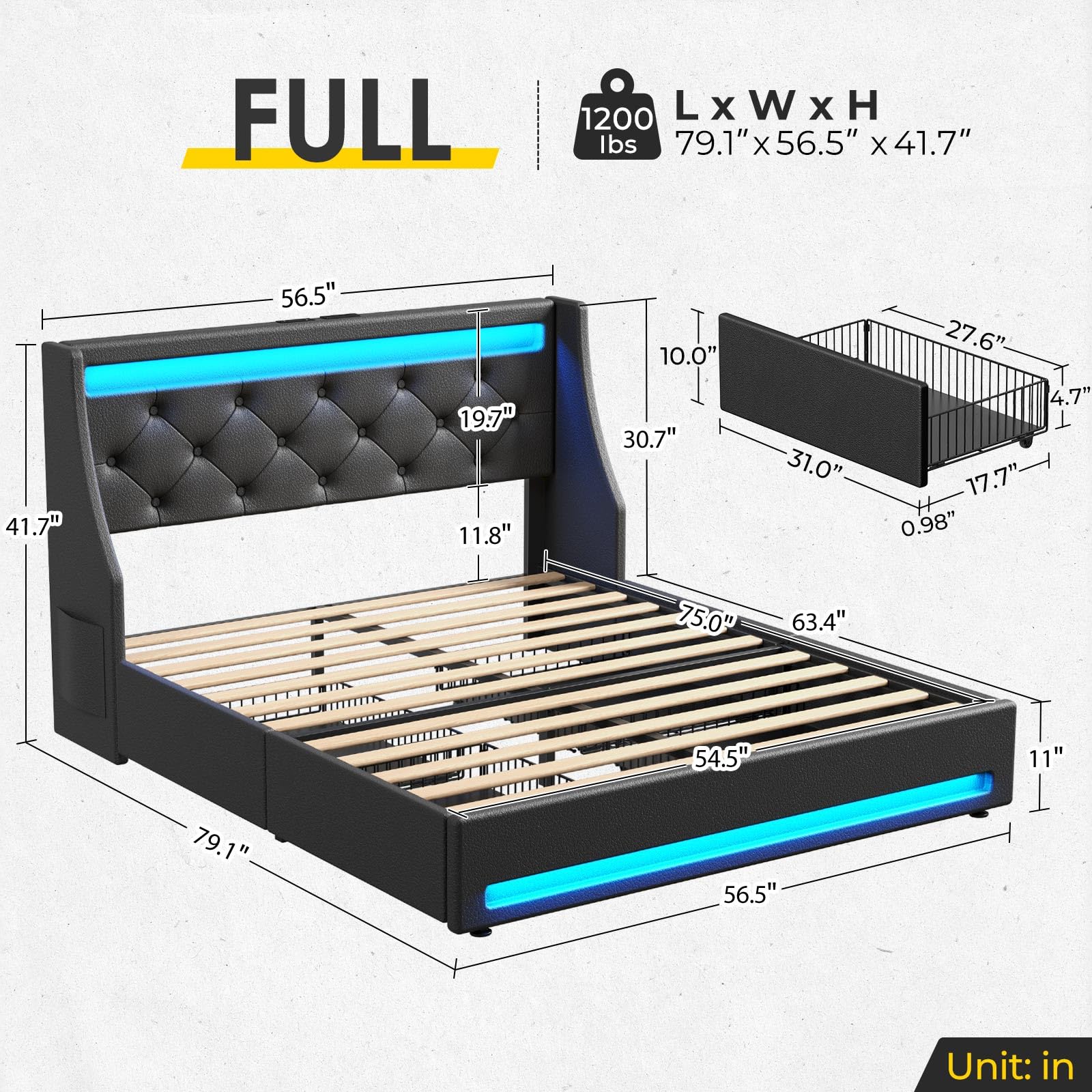 Rolanstar Queen Bed Frame with LED Lights & USB Charging Station - PU Leather Upholstered Platform Bed with Storage Drawers, Wooden Slats Support, Noise-Free & Easy Assembly (Black) - Perfect for Modern Bedroom, Guest Room & Small Space Living
