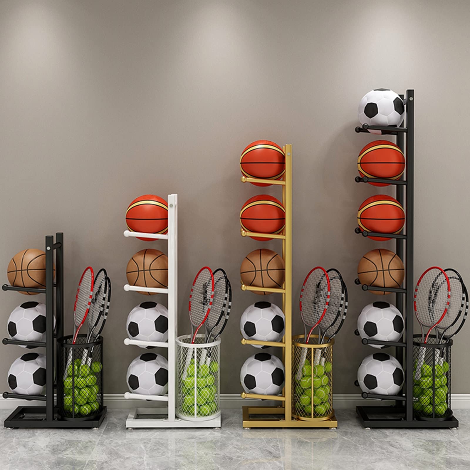 JHSLXD Multi-Layer Sports Equipment Storage Rack - Basketball, Football & Volleyball Display Stand - Heavy Duty Metal Iron Organizer (85CM, Gold) - Perfect for Gym, Sports Club & Home Organization