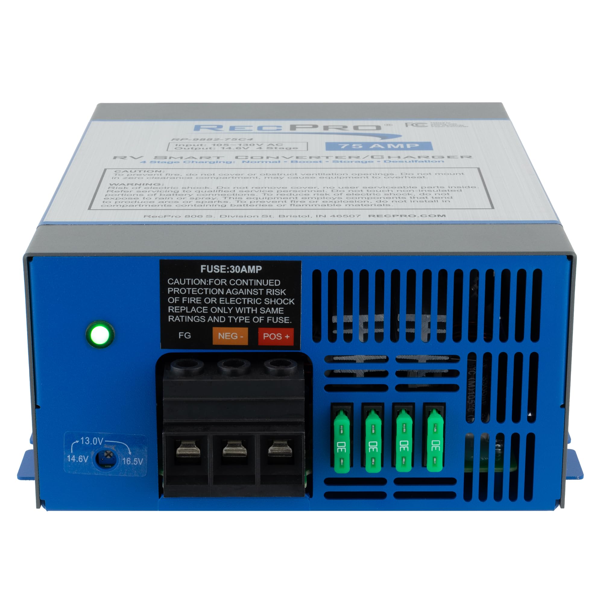 RecPro 75 Amp RV Power Converter & Battery Charger - 4 Stage Smart Charging, 120VAC to 12VDC, 13V-16.5V Operating Range - Perfect for RV, Camper, Travel Trailer & Marine Power Systems