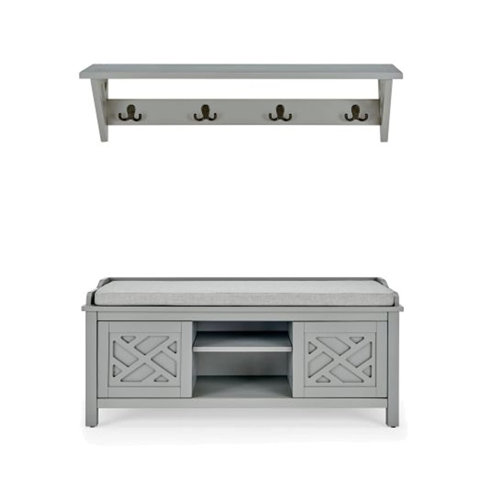 TOPOU Ottoman Storage Bench with Coat Hooks - Hall Tree Entryway Set in Gray | Space-Saving Entry Organizer for Shoes, Hats & Winter Gear
