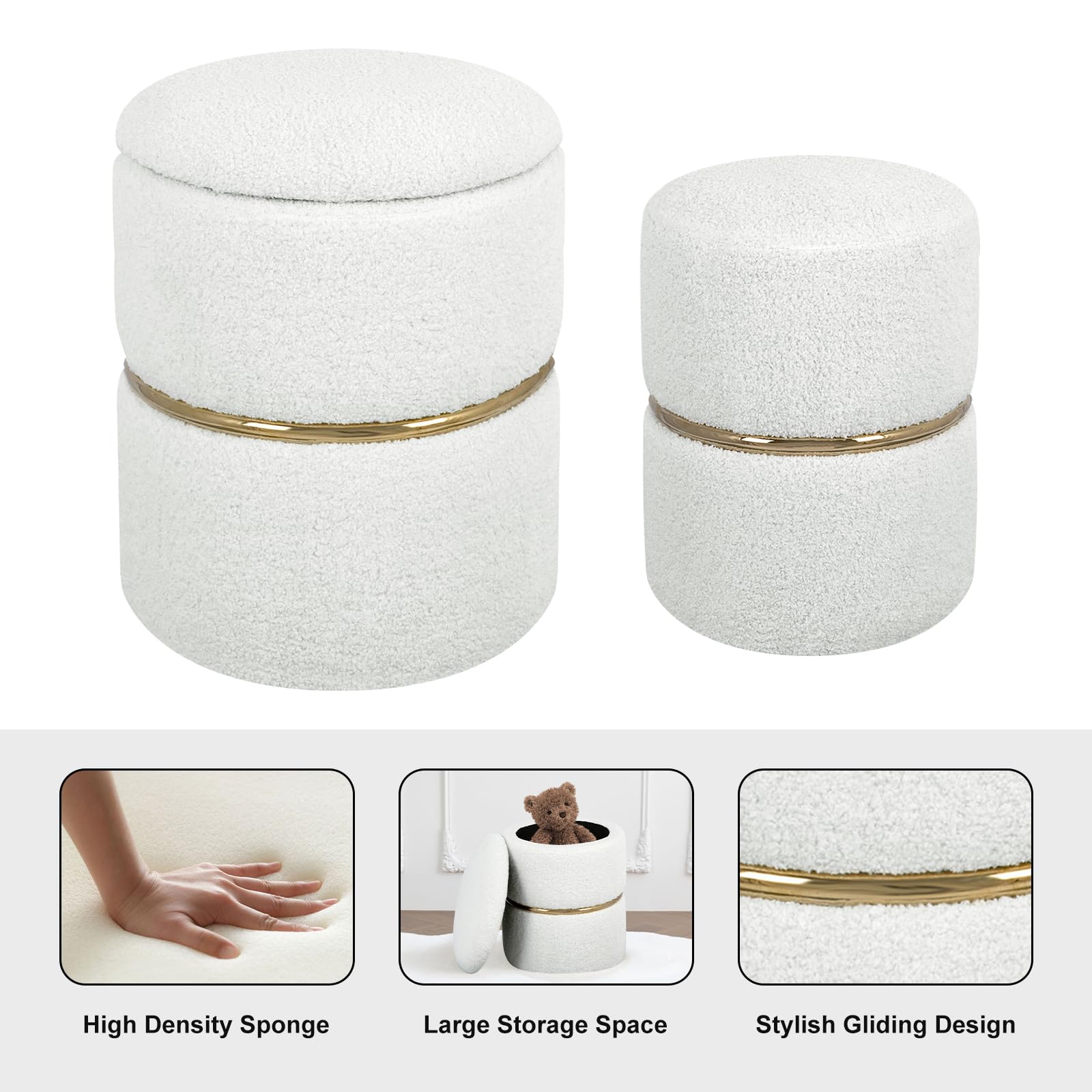 Luxury Faux Fur Round Storage Ottoman with Gold Metal Hoop - Upholstered Vanity Stool & Foot Rest, Pack of 2 - Perfect for Living Room, Bedroom & Entryway - Multi-Functional Coffee Table & Seating Solution for Home Decor