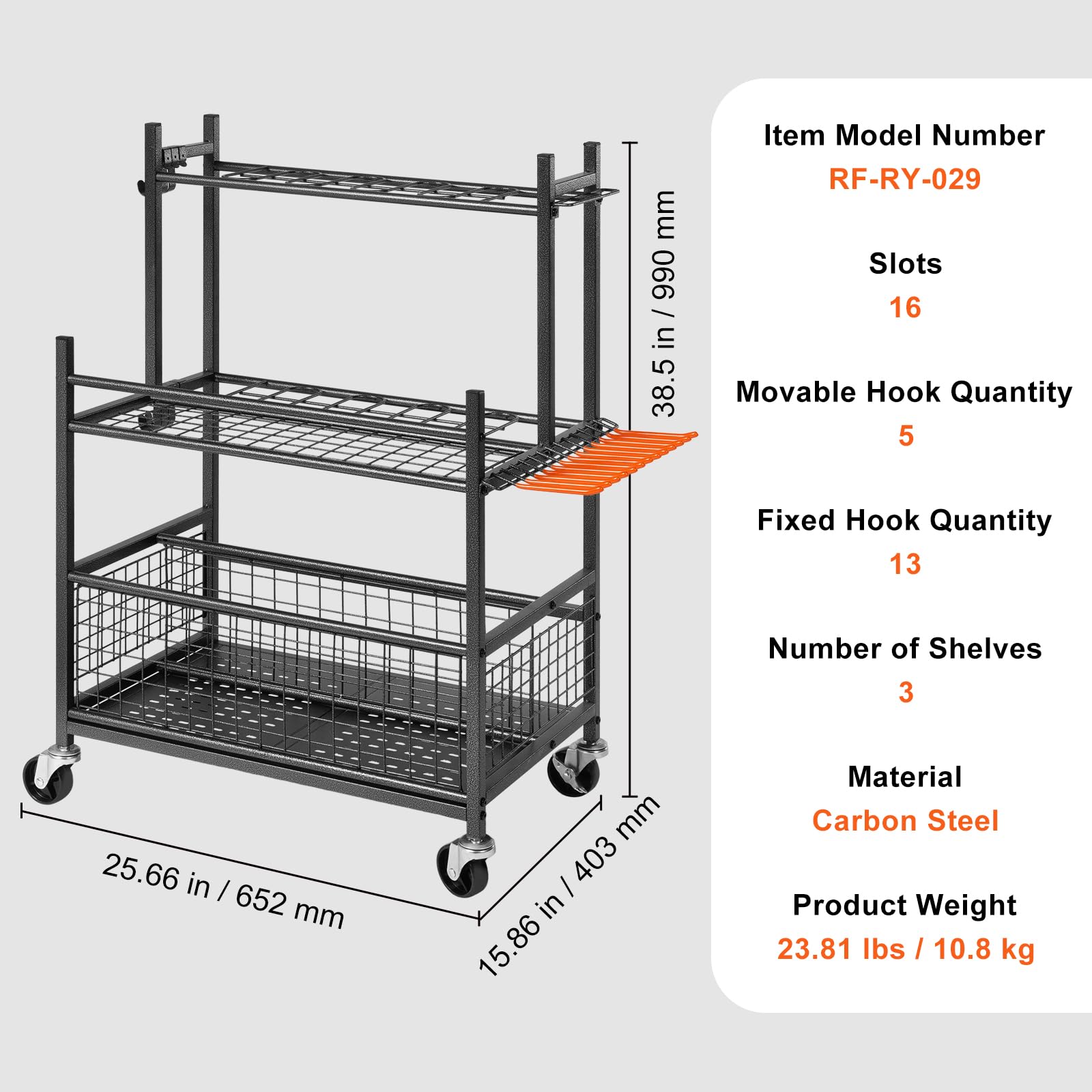 VEVOR 16-Slot Garden Tool Organizer with Hooks & Wheels - Heavy Duty Metal Yard Tool Tower Rack for Garage, Shed & Outdoor Storage - Perfect for Long-Handled Tools, Rakes & Brooms - Ideal for Home, Farm and Garden Organization