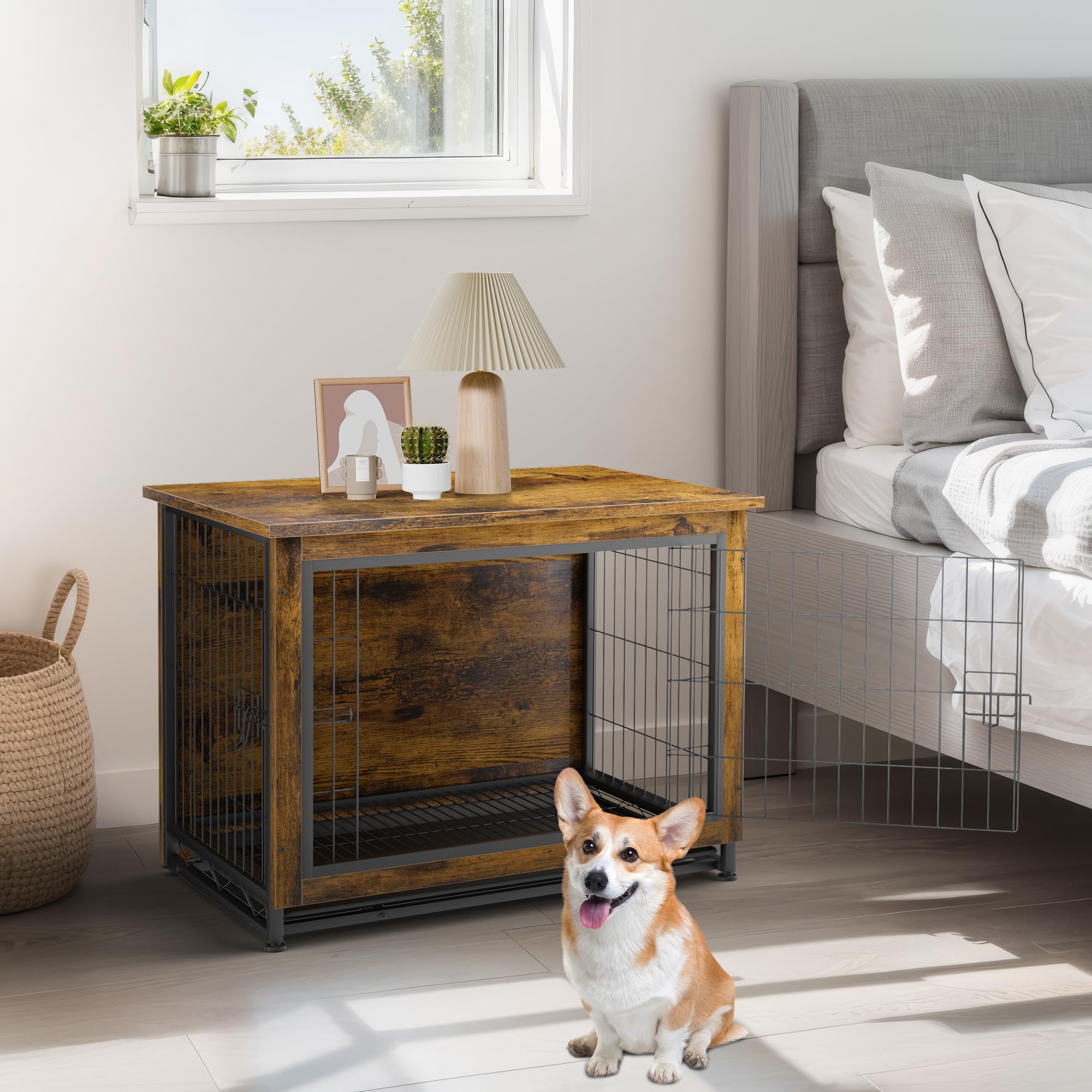 JY QAQA Wooden Dog Crate Furniture with Double Doors - Indoor Kennel & Stylish Pet Cage for Small to Medium Dogs - Perfect for Living Room, Bedroom, or Home Office (Brown)