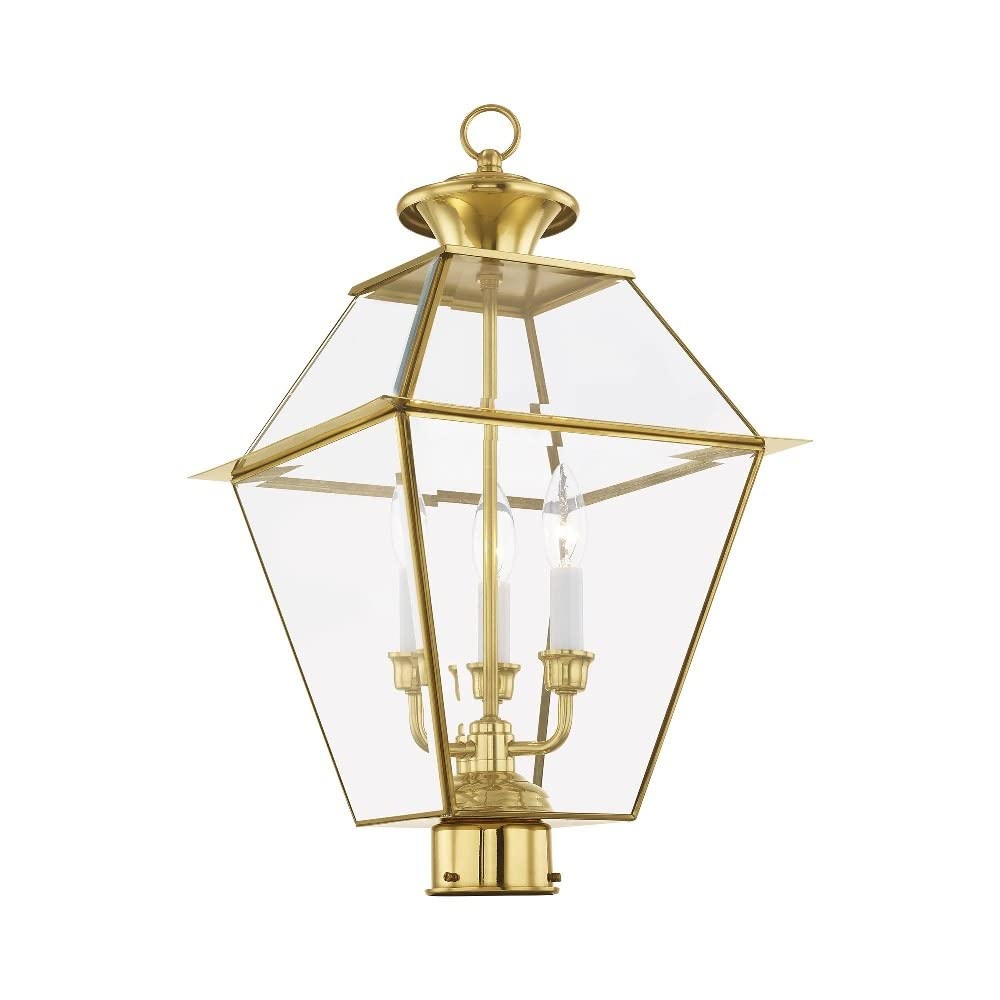 Livex Lighting 2384-02 Traditional 3-Light Outdoor Post-Top Lantern - Westover Collection, 12-Inch Cast Finish in Polished Brass - Perfect for Porch, Garden & Pathway Lighting