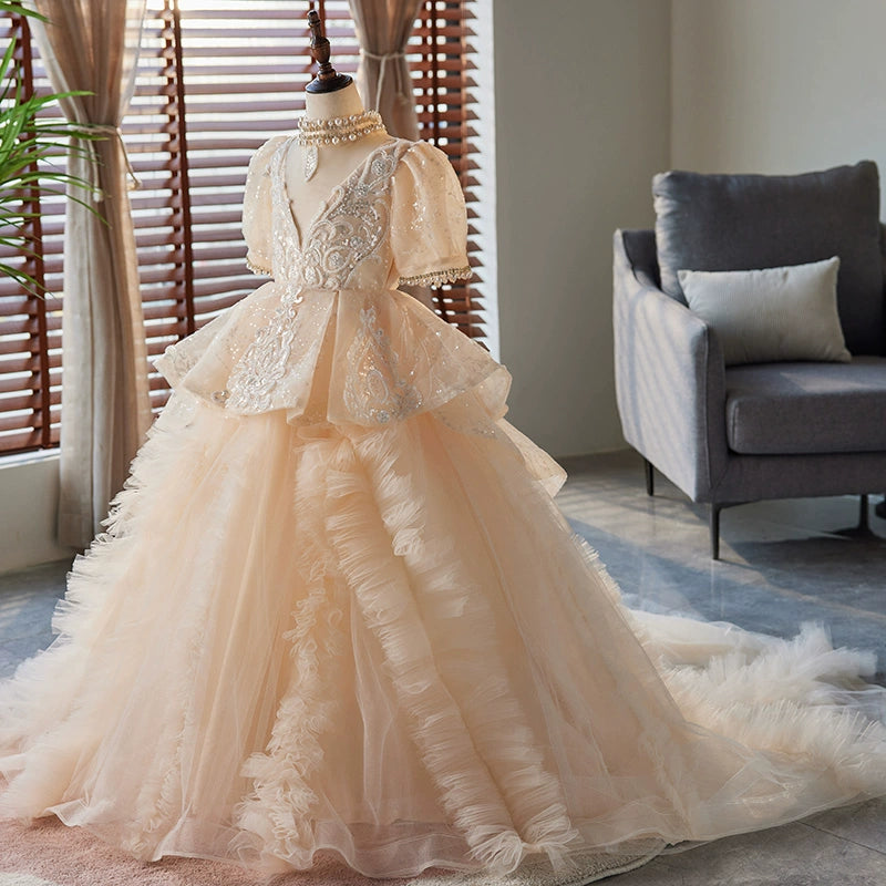 Champagne Organza Flower Girl Dress with Princess Design - Elegant Floor-Length Formal Gown for Weddings, Baptisms & Special Occasions