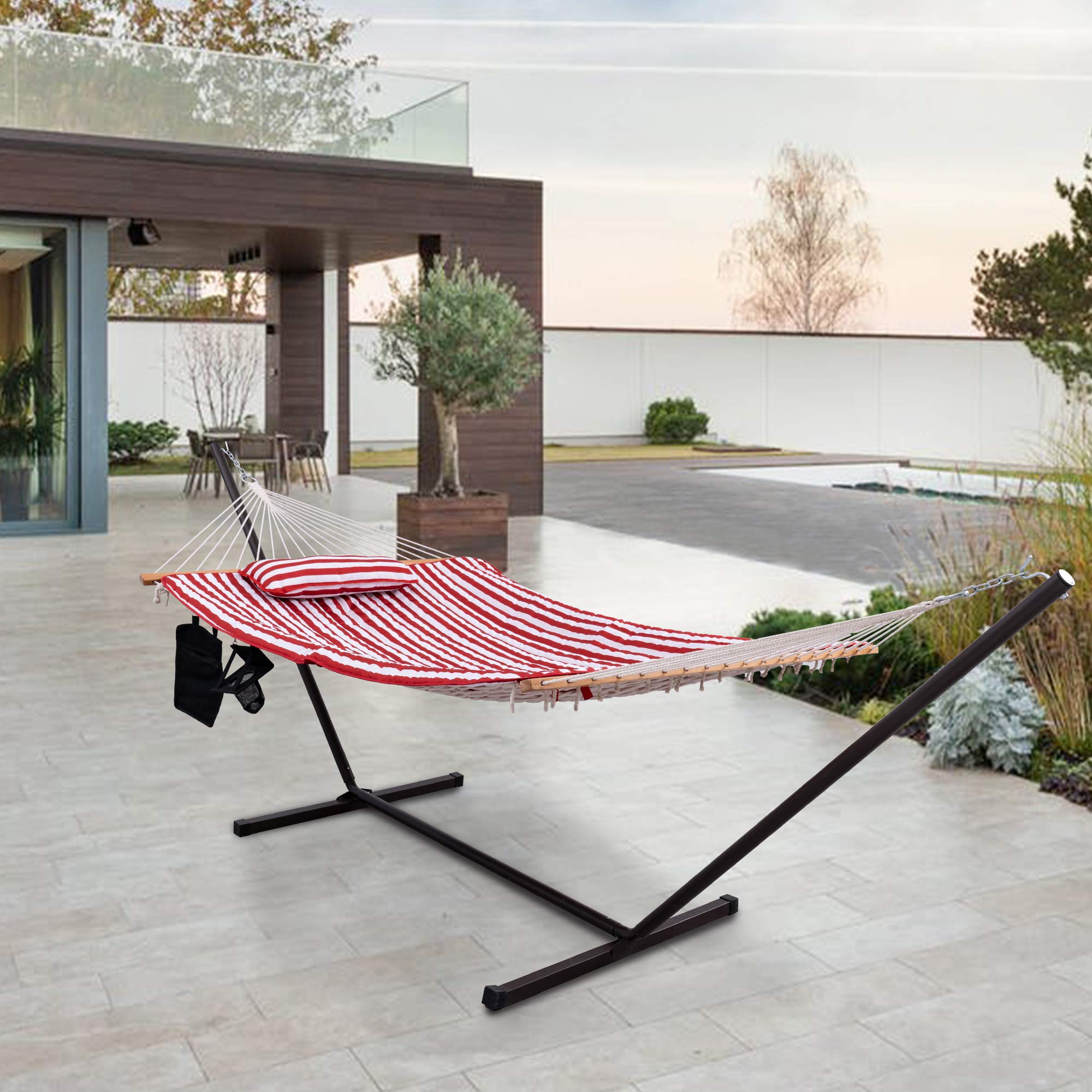 Premium Cotton Rope Hammock with 12FT Steel Stand - Double Hammock with Spreader Bars, Quilted Pad, Detachable Pillow & Cup Holder - Freestanding Outdoor Hammock for Backyard, Patio, Beach & Camping (Red/White Stripes)