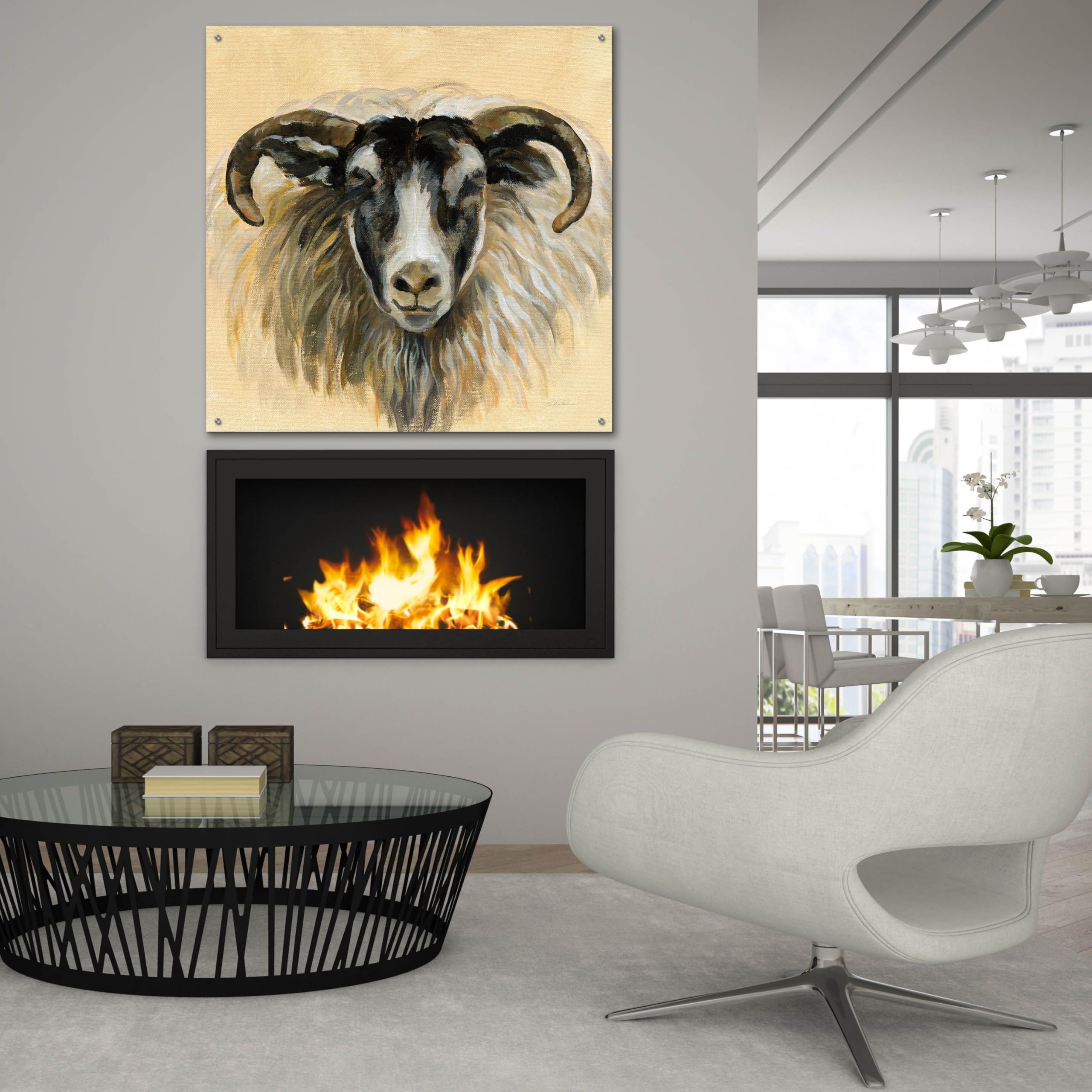 Silvia Vassileva Highland Animal Ram Acrylic Glass Wall Art - 36x36 Inches Modern Home Decor for Living Room, Bedroom & Office