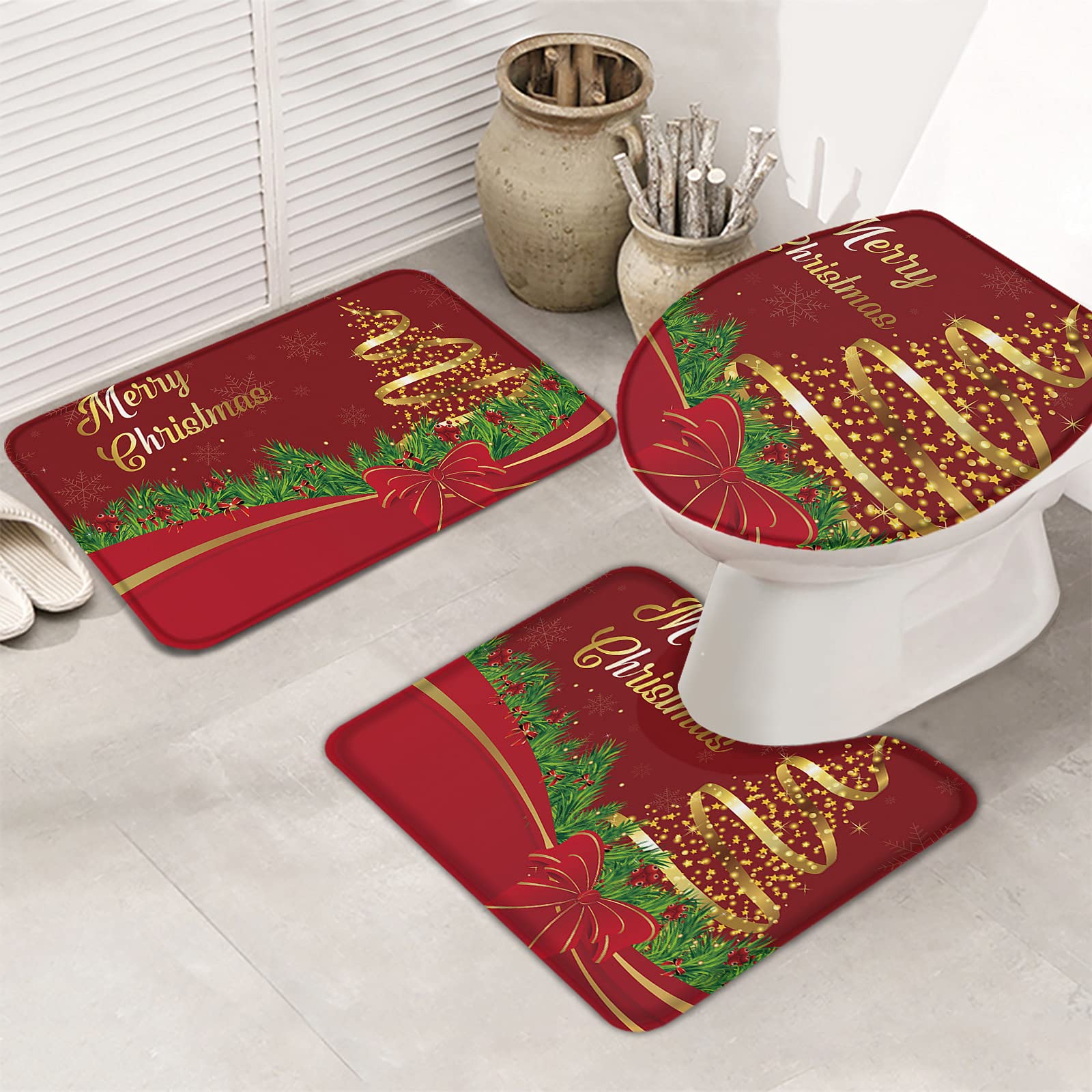 3-Piece Christmas Bath Mat Set - Non-Slip Absorbent Bathroom Rugs with Toilet Lid Cover, Soft & Cozy Home Decor (Red with Golden Xmas Tree Design) - Perfect for Holiday Bathroom Decorations and Gift Giving