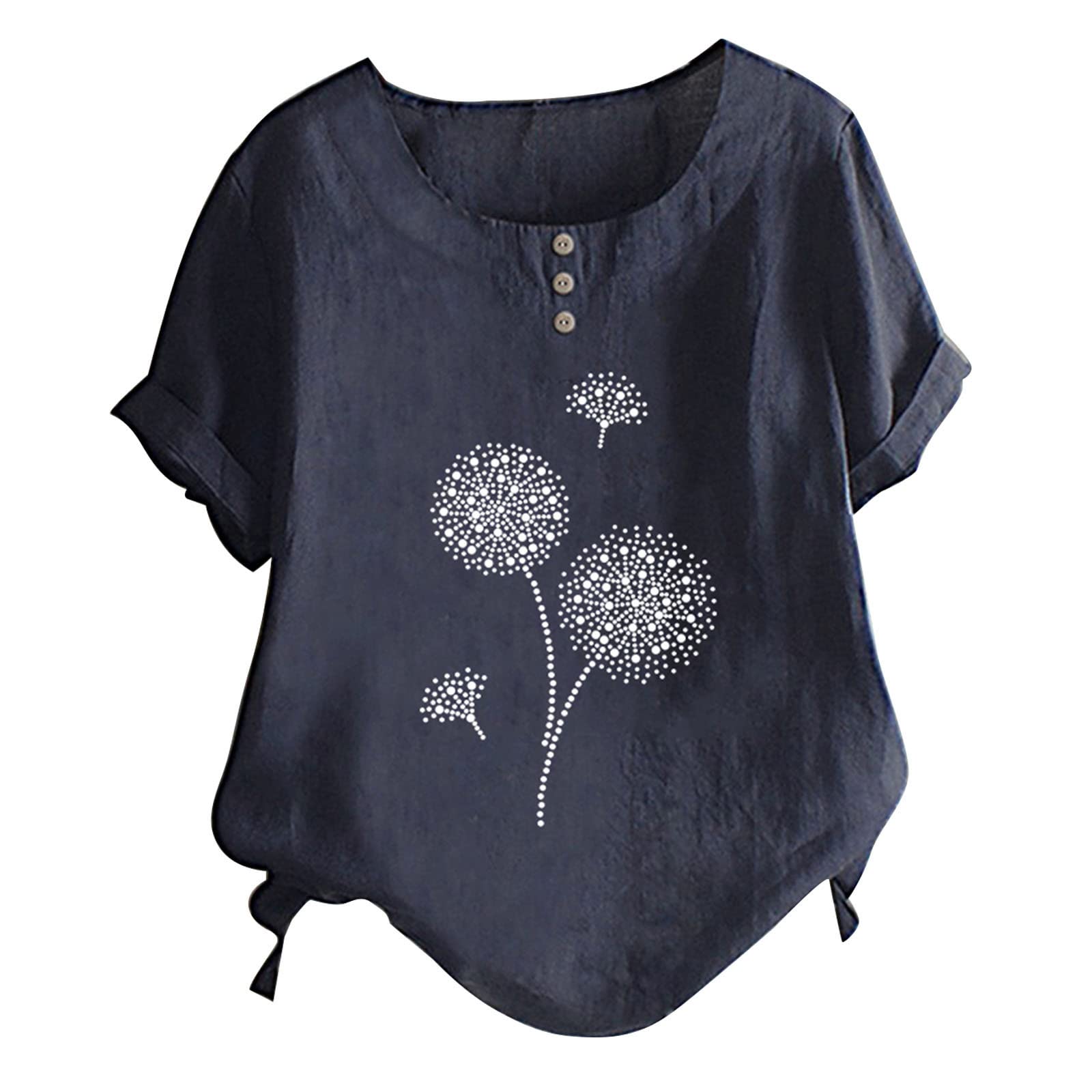 Women's Summer Short Sleeve T-Shirt - Cotton Linen Blend Round Neck Button Down Top with Dandelion Print | Casual Wear, Beach Outfit, Vacation Style