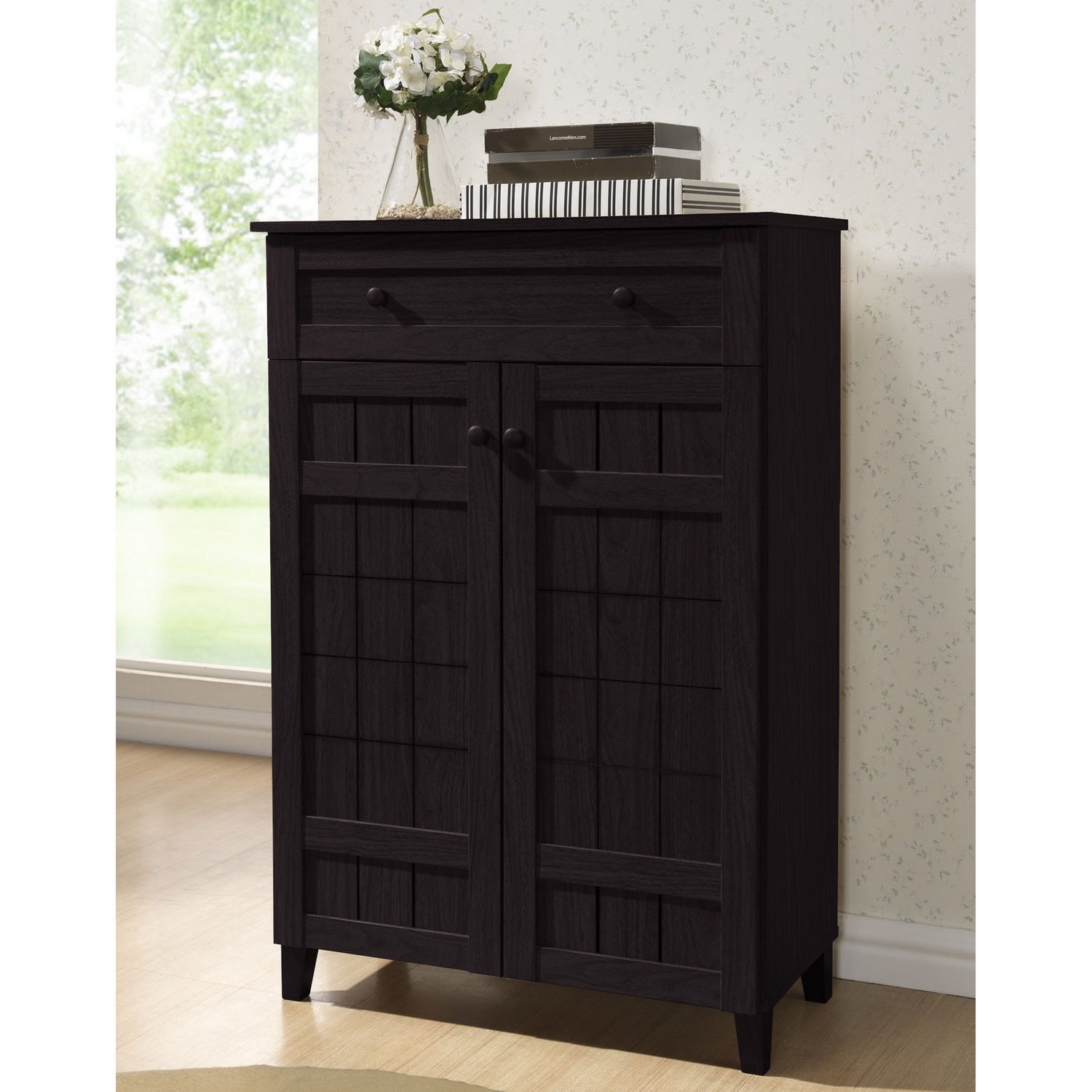 Baxton Studio Glidden Tall Cabinet - Dark Brown Wood Storage Cabinet for Living Room, Bedroom & Office Organization