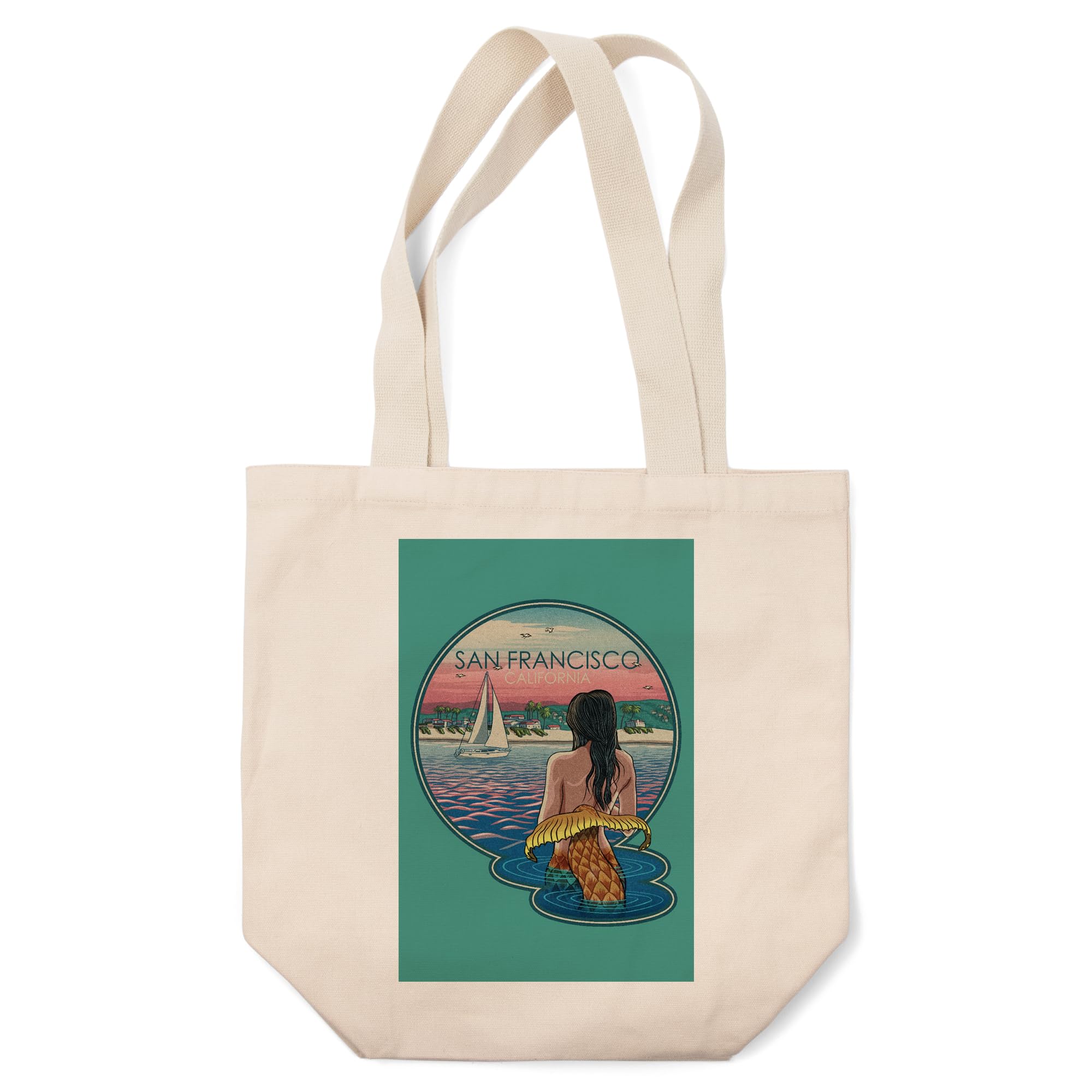 Lantern Press San Francisco California Mermaid Beach Woodblock Print - 100% Cotton Canvas Reusable Tote Bag for Shopping, Beach Trips & Eco-Friendly Lifestyle