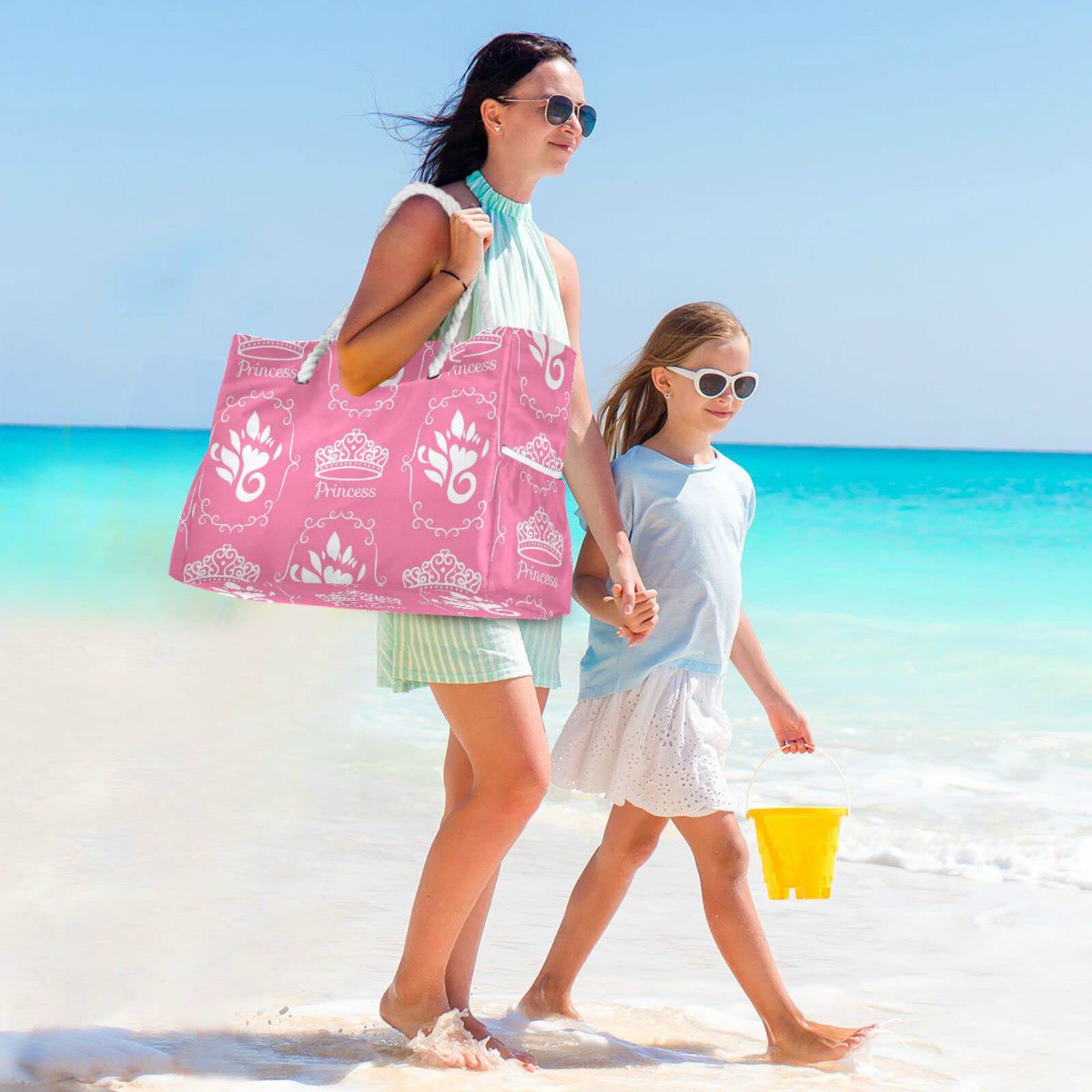 Pink Princess Crown Beach Bag - Large Waterproof Travel Tote Bag with Zipper for Women & Girls | Perfect for Beach Vacations, Pool Parties & Summer Outings
