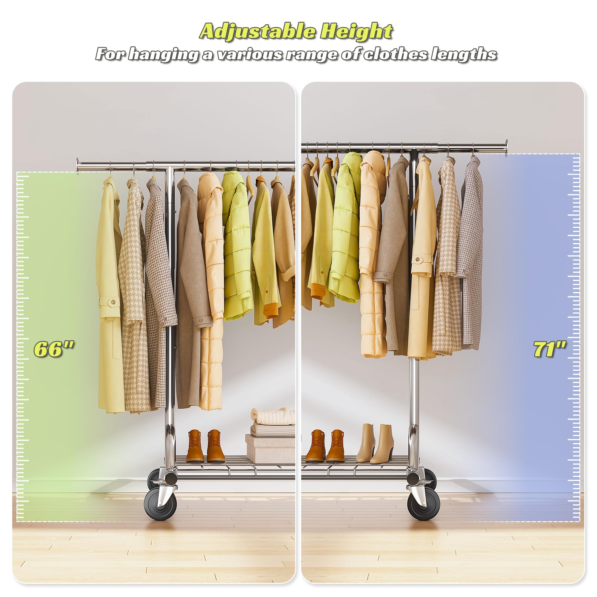 Raybee Heavy Duty Garment Rack - 480LBS Capacity Adjustable Rolling Clothes Rack with Wheels - 71