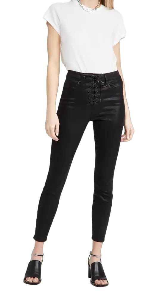 Good American Women's Good Waist Lace Up Jeans - High Waist Slim Fit Stretch Denim Pants in Black014, Size 8 | Perfect for Casual Wear, Date Night & Office Outfits