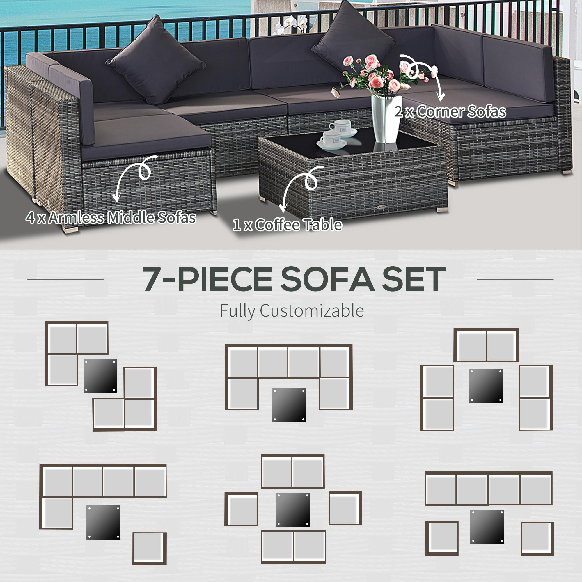 Outsunny 7-Piece All-Weather PE Rattan Patio Furniture Set - Outdoor Wicker Sectional Sofa with Cushions & Tempered Glass Tabletop, Grey - Perfect for Backyard, Garden, Poolside & Patio Relaxation