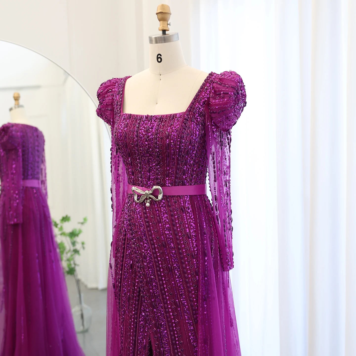 Luxury Dubai Fuchsia Long Sleeve Evening Dress with Detachable Overskirt - Elegant Formal Gown for Weddings, Galas & Special Occasions