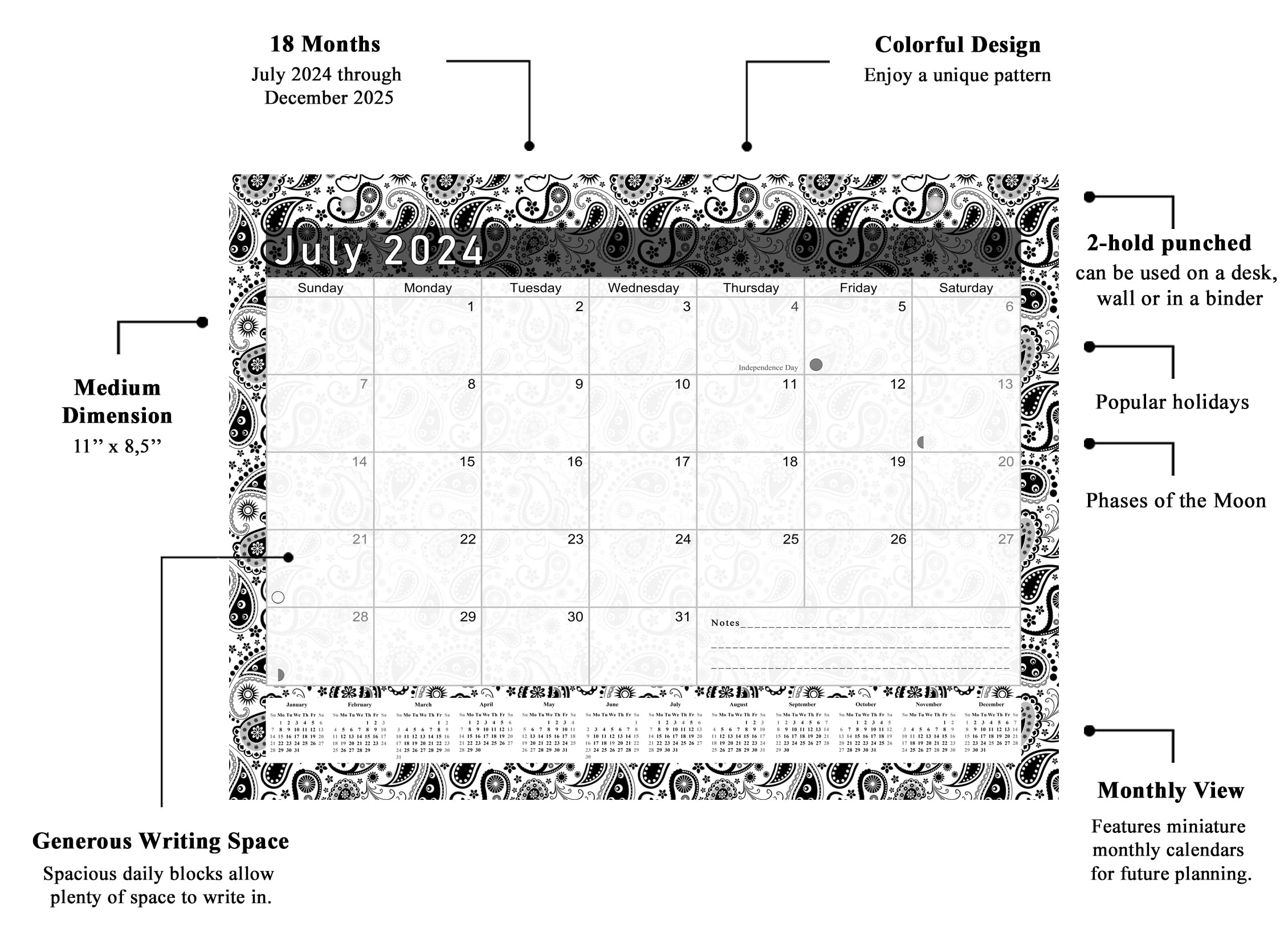 2024-2025 18-Month Magnetic & Desk Calendar Planner - Black & White Paisley Design (Edition #011) - Perfect for Office, Home, School & Gift Giving