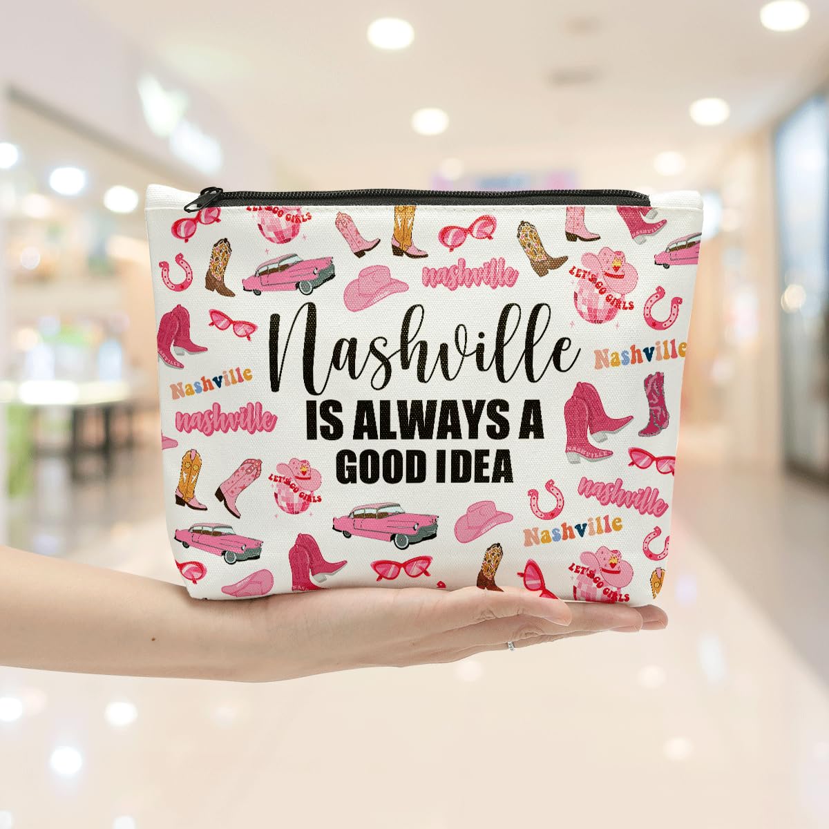 Funny Nashville Themed Travel Makeup Bag - Cute Cosmetic Organizer for Girls Trips, Vacation Essentials & Holiday Gifts for Women | Perfect for Travel Lovers, Bachelorette Parties & Road Trips