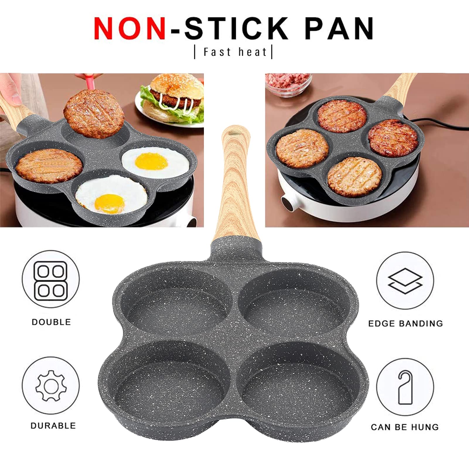 4-Hole Non-Stick Egg Frying Pan - Stone Coated 4-Cup Breakfast Cooker for Eggs, Pancakes & Burgers | Compatible with All Stovetops (Gas, Electric, Induction) | Perfect for Quick Breakfasts, Sandwiches & Family Cooking