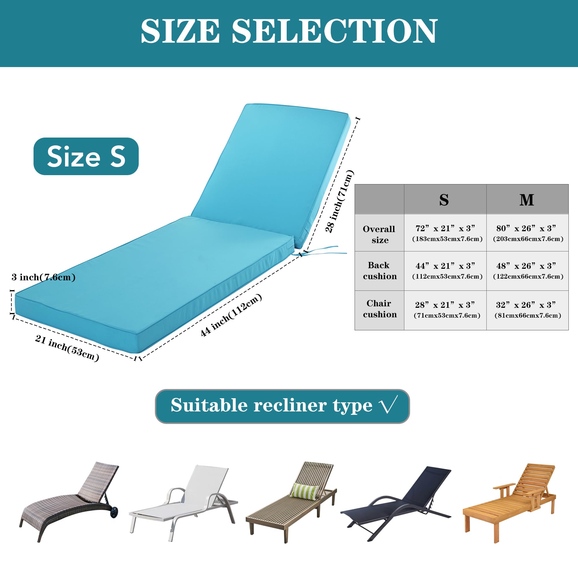 Waterproof Outdoor Chaise Lounge Cushion - Fade & Tear Resistant Patio Furniture Cushion for Poolside, Resort, Hotel (80x26x3 Inch, Teal) - Perfect for Sunbathing, Lounging by the Pool or Relaxing in Your Backyard