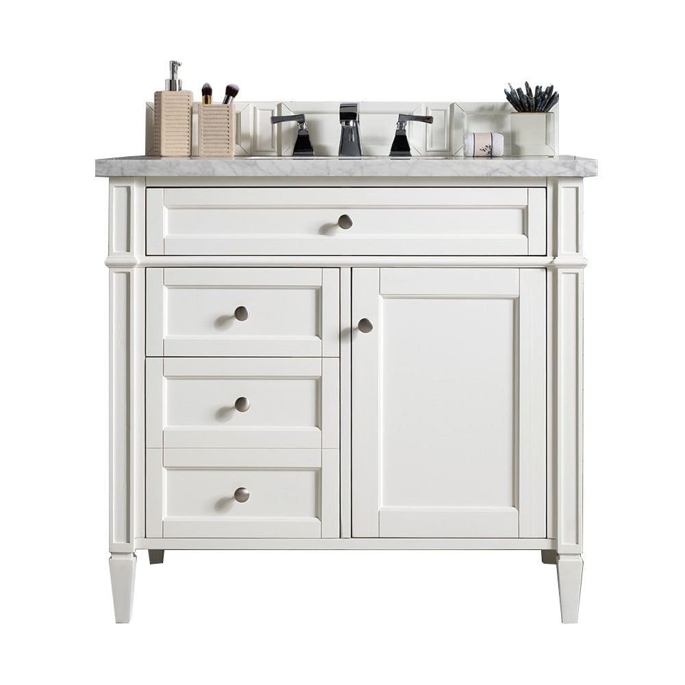 Brittany 36-Inch Bright White Bathroom Vanity with 3CM Eternal Jasmine Pearl Quartz Countertop – Perfect for Modern Master Bath & Powder Room Remodels