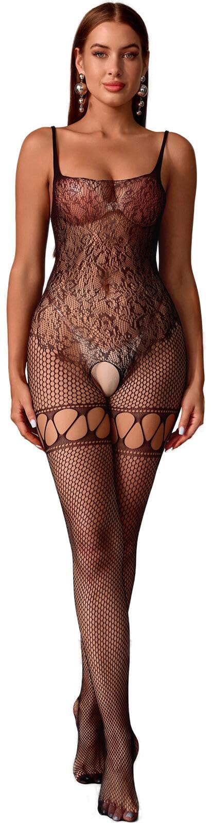 Bommi Fairy Women's Lace Stockings & Mesh Bodysuit Set - Sexy Lingerie, Babydoll Jumpsuit with Straps - Fishnet Tights for Bodycon Outfits - Perfect for Valentine's Day, Boudoir Photography, and Romantic Nights