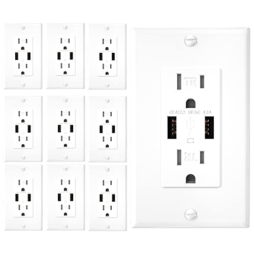 EverElectrix 4.8A Tamper-Resistant USB Wall Outlet - 15A Duplex Receptacle with Dual USB Ports, UL Listed, White (10 Pack) - Perfect for Home, Office & Hotel Charging Stations