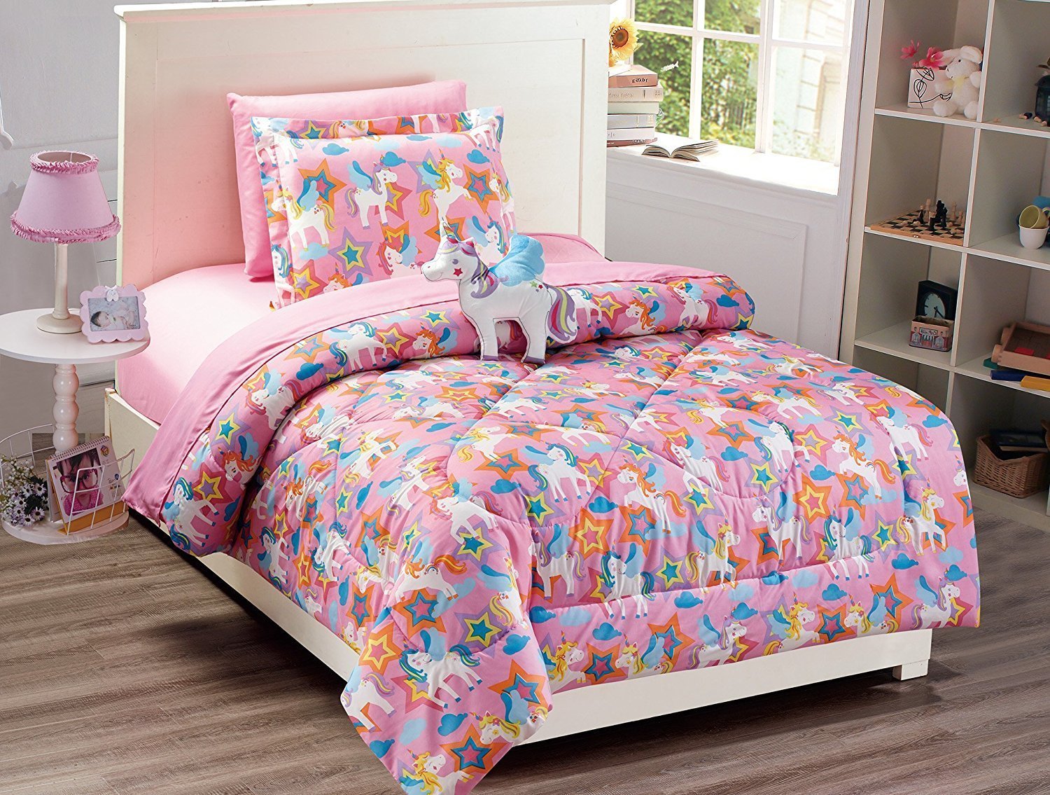 Unicorn Linen Comforter Set for Girls - Twin Size Soft Bedding in Pink, Blue, Purple, Orange & Yellow | Perfect for Kids' Bedroom Decor & Sleepovers