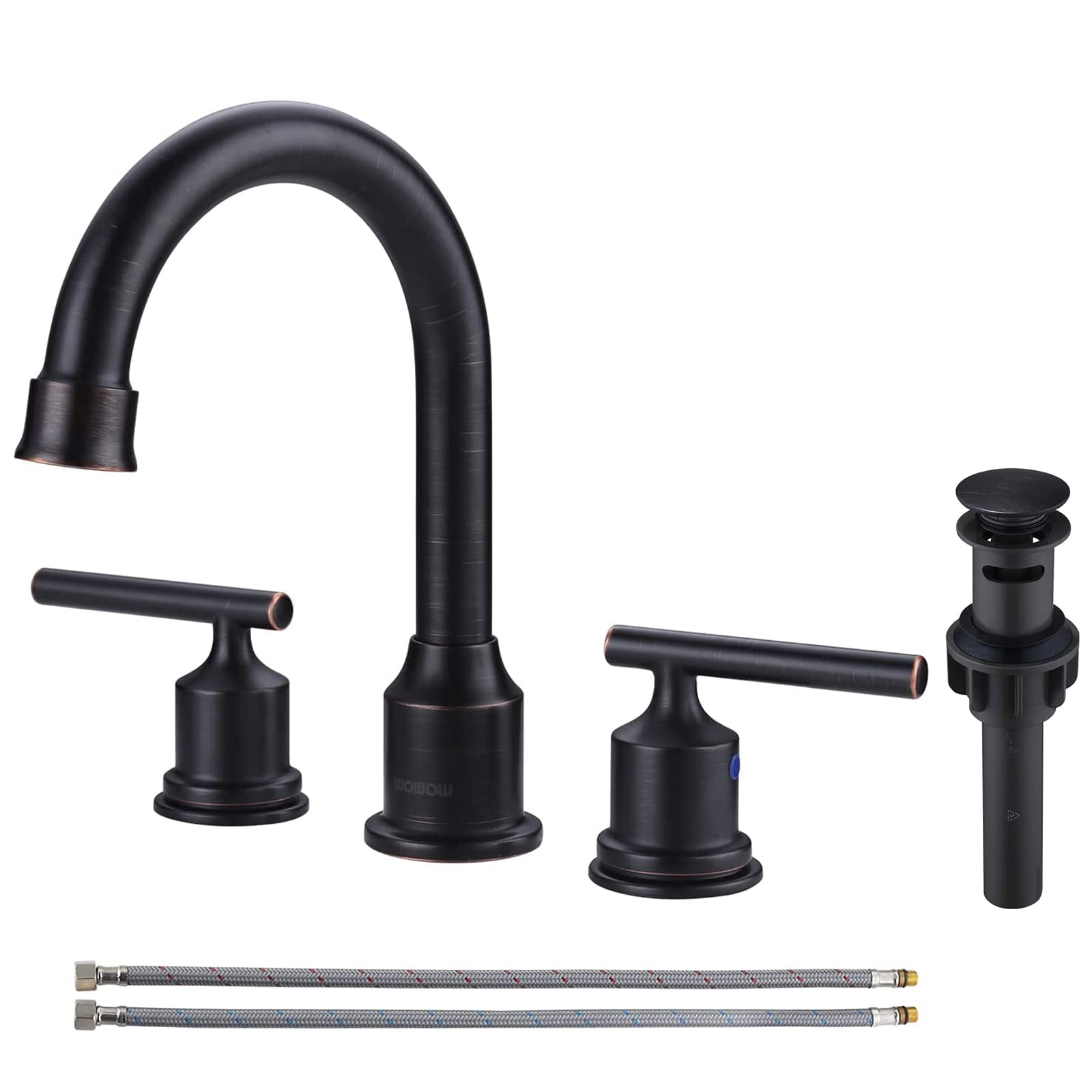 WOWOW Oil Rubbed Bronze Widespread Bathroom Sink Faucet - High Arc 2 Handle Vanity Faucet with Pop-Up Drain & Supply Hoses - Perfect for Modern Bathroom Renovations and Luxury Home Upgrades
