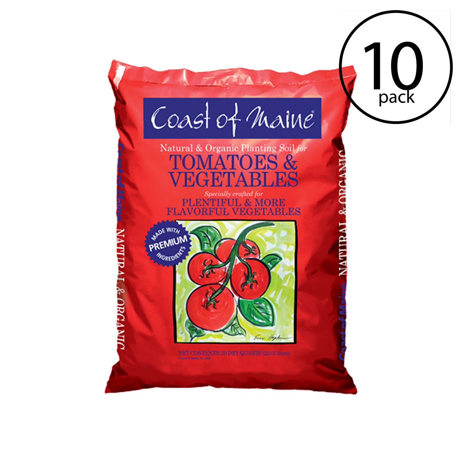 Coast of Maine Organic Tomato & Vegetable Potting Soil - 20 Quart Compost Blend for Container Gardens, Raised Beds & Flower Pots (10 Pack) - Ideal for Home Gardening, Urban Farming & Indoor Plant Care