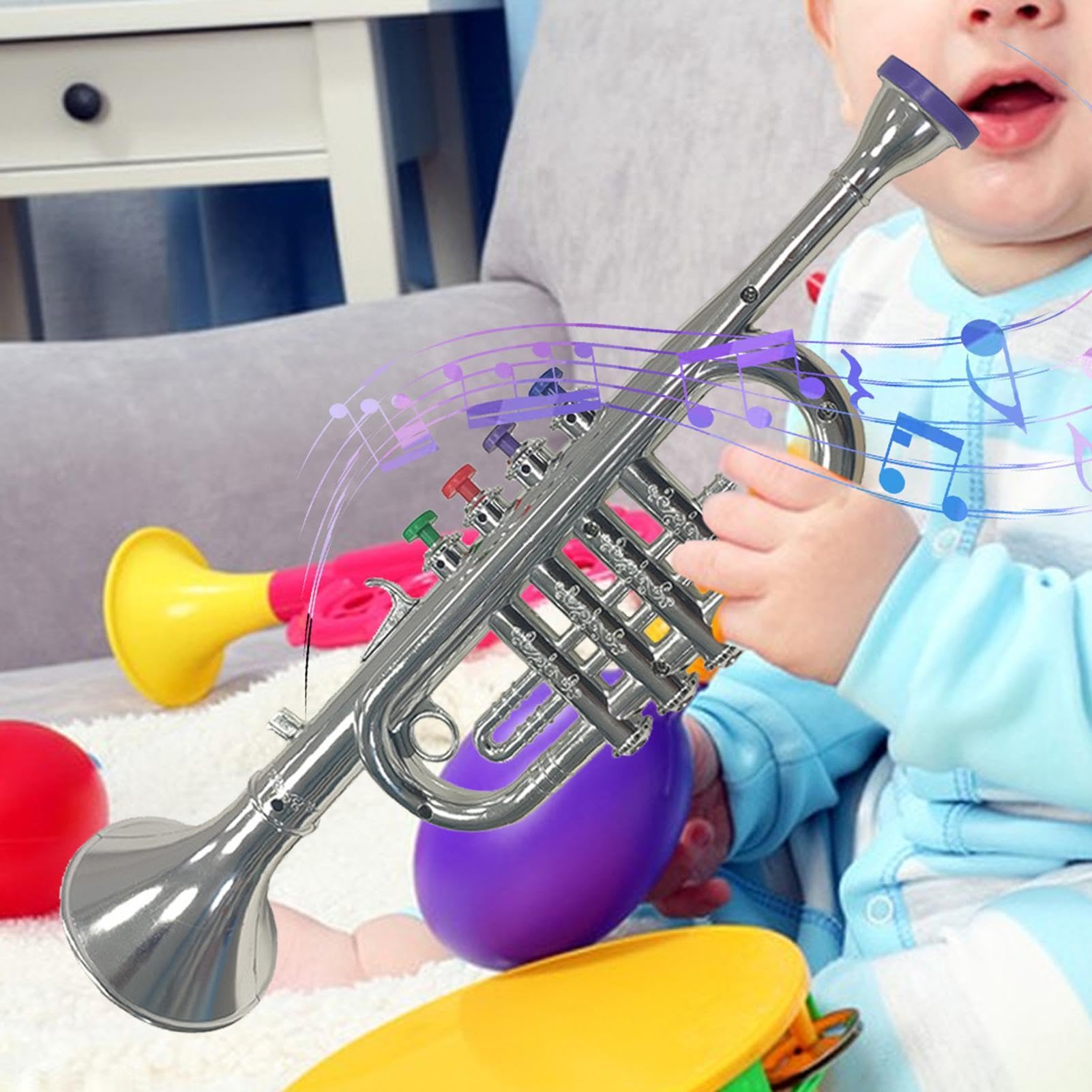 Kids Toy Trumpet - Musical Instrument for Children, Boys & Girls - Realistic Simulation Trumpet with Support Stand - Perfect for Birthday Gifts, Music Lessons & Pretend Play