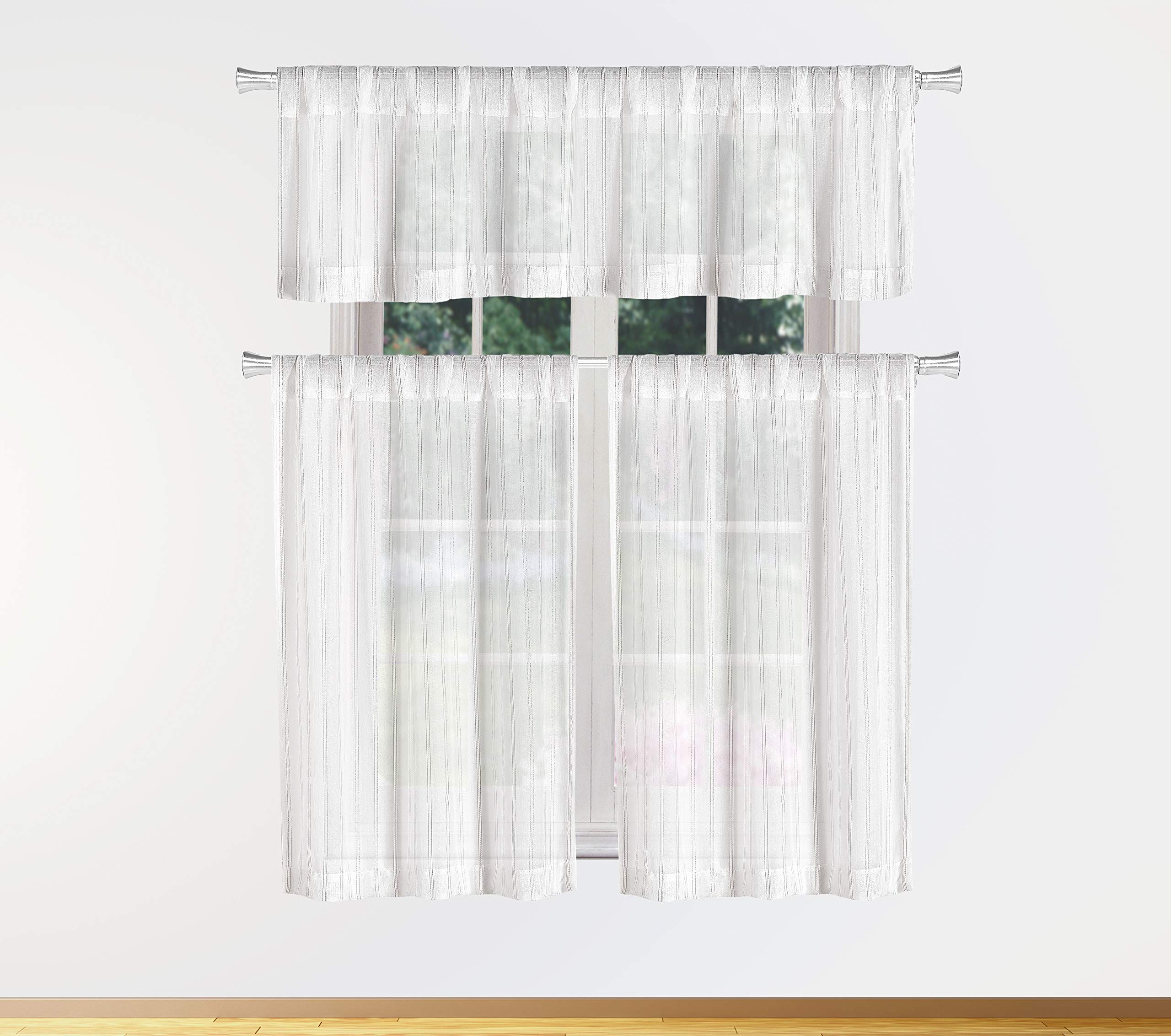 Duck River Textile Yves Kitchen Curtains - White & Silver Window Treatments for Modern Farmhouse or Cottage Style Decor