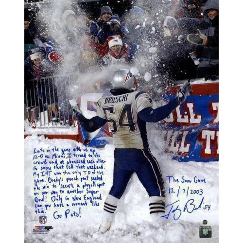 Authentic Tedy Bruschi Handwritten & Signed Patriots Snow Game 16x20 Photo Limited Edition 50 - Perfect for NFL Memorabilia Collectors and New England Patriots Fans