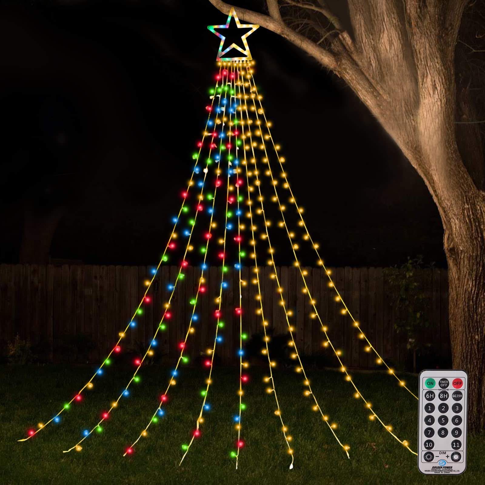 ZTX 11Ft Color Changing Christmas Tree Topper Lights with Remote - 11 Lighting Modes Waterfall String Lights for Outdoor Christmas Decorations, Halloween & New Year Gifts - Perfect for Holiday Home Decor, Party Lighting & Seasonal Celebrations