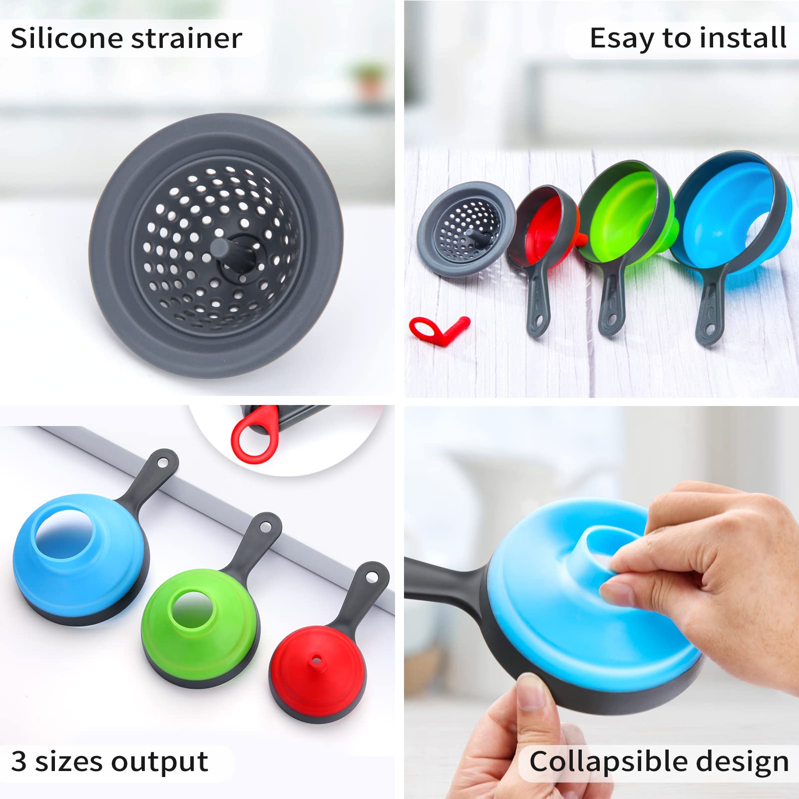 Dokpod Collapsible Silicone Kitchen Funnel with Strainer - Wide Mouth Canning & Bottle Filling Funnel with Filter - Perfect for Home Brewing, Oil Transfer, and DIY Projects
