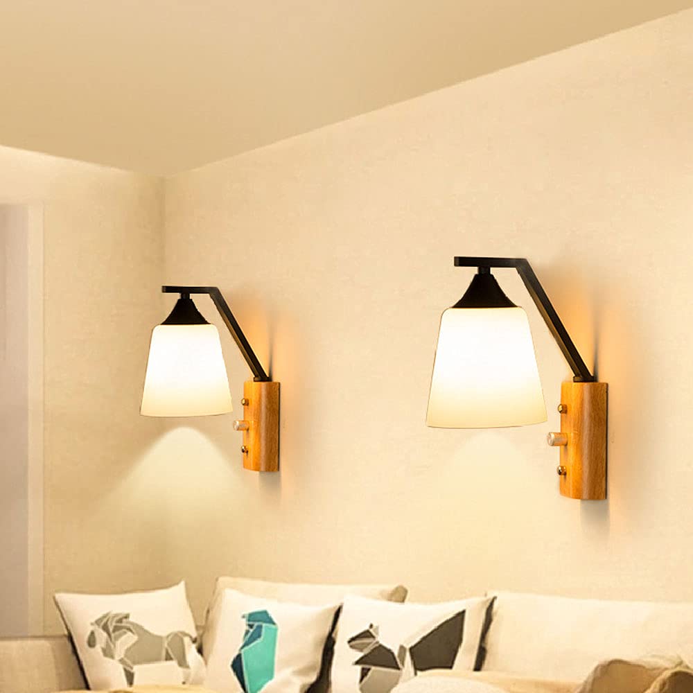 Nordic Style E27 Wooden Wall Sconces - Modern Simple Wall Lamp with Milky White Glass Shade for Bedroom, Hallway & Living Room Lighting | Home Decor & Interior Design