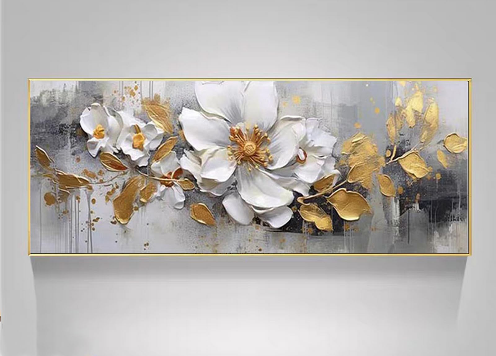 Hand Painted White Flower Golden Leaf Floral Oil Painting on Canvas - Large 24x56 Inch Framed Wall Art for Living Room, Bedroom, Office & Kitchen Decor | Perfect for Home, Office & Restaurant Wall Decoration