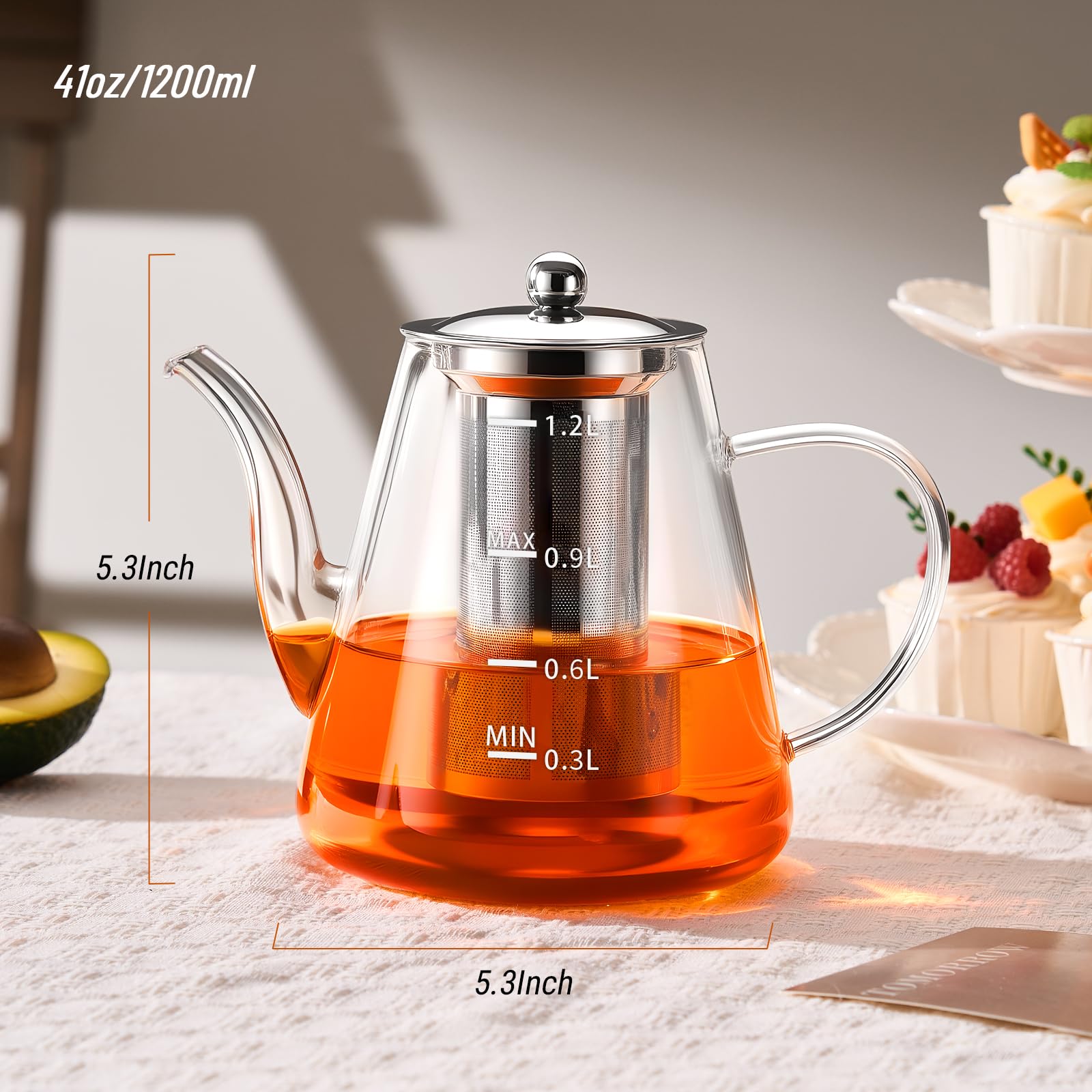 Premium Borosilicate Glass Teapot with Removable Stainless Steel Infuser - 41oz/1200ml Clear Stovetop Tea Kettle with Measurement Scale - Perfect for Blooming, Loose Leaf & Herbal Tea Brewing - Ideal for Home, Office, Camping & Outdoor Use