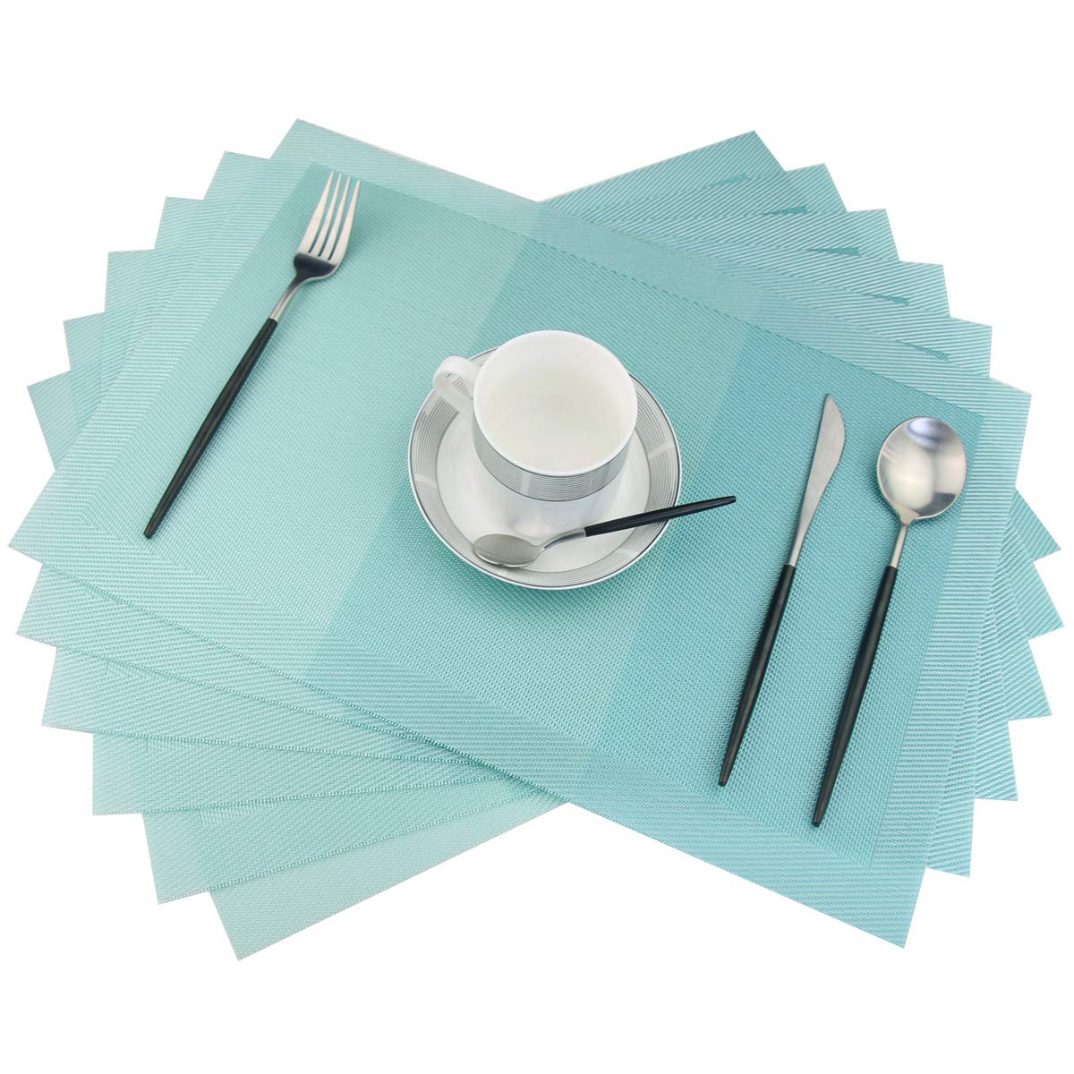 Non-Slip Plastic Placemats Set of 6 - Woven Vinyl Washable Table Mats 18x12 Inches for Dining Table - Easy to Clean & Durable - Perfect for Everyday Meals, Dinner Parties & Holiday Gatherings (Teal)