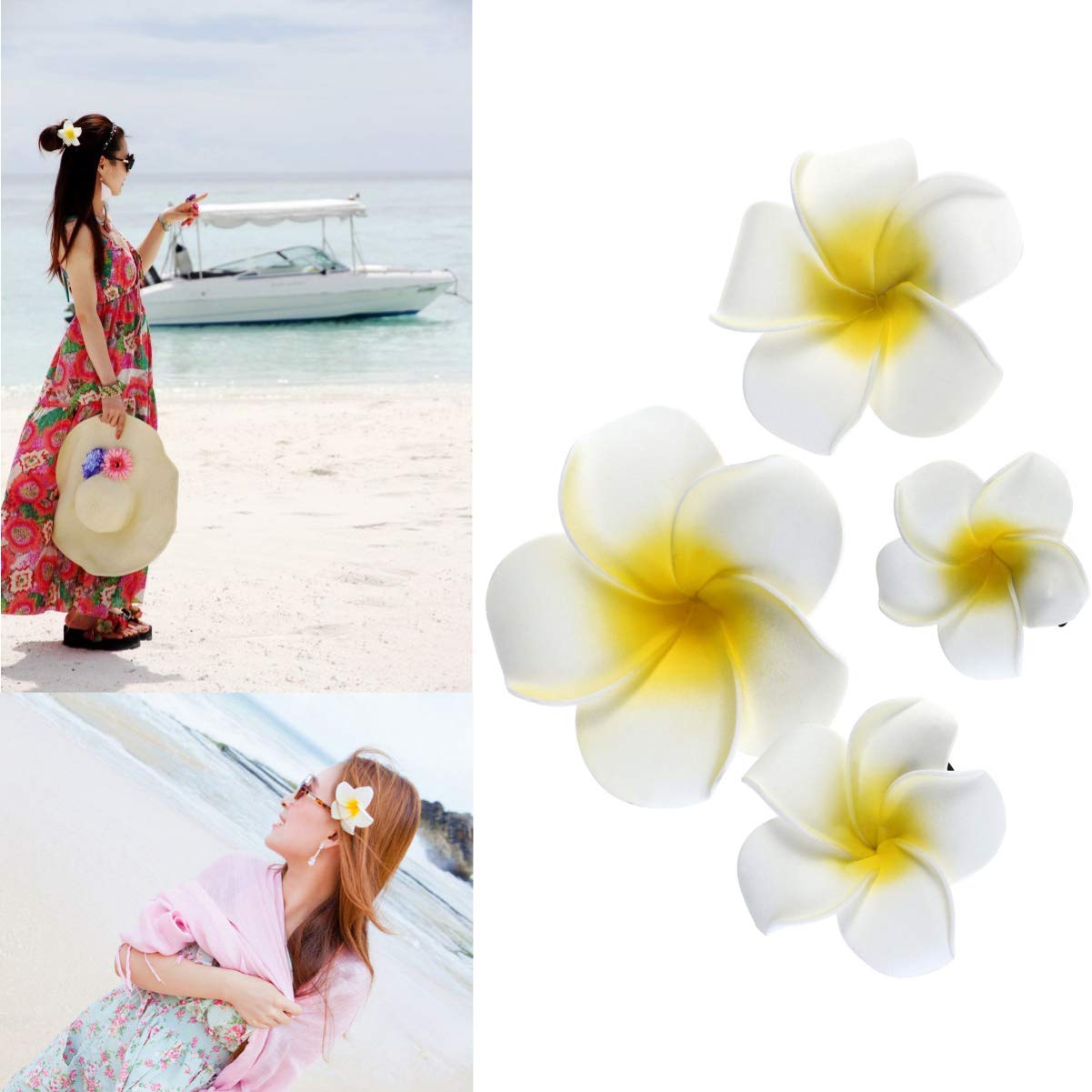 Minkissy 4pcs Plumeria Flower Foam Hair Clips - Hawaiian Floral Barrettes & Alligator Clips for Women - Perfect for Wedding, Party, Beach Vacation & Summer Styling