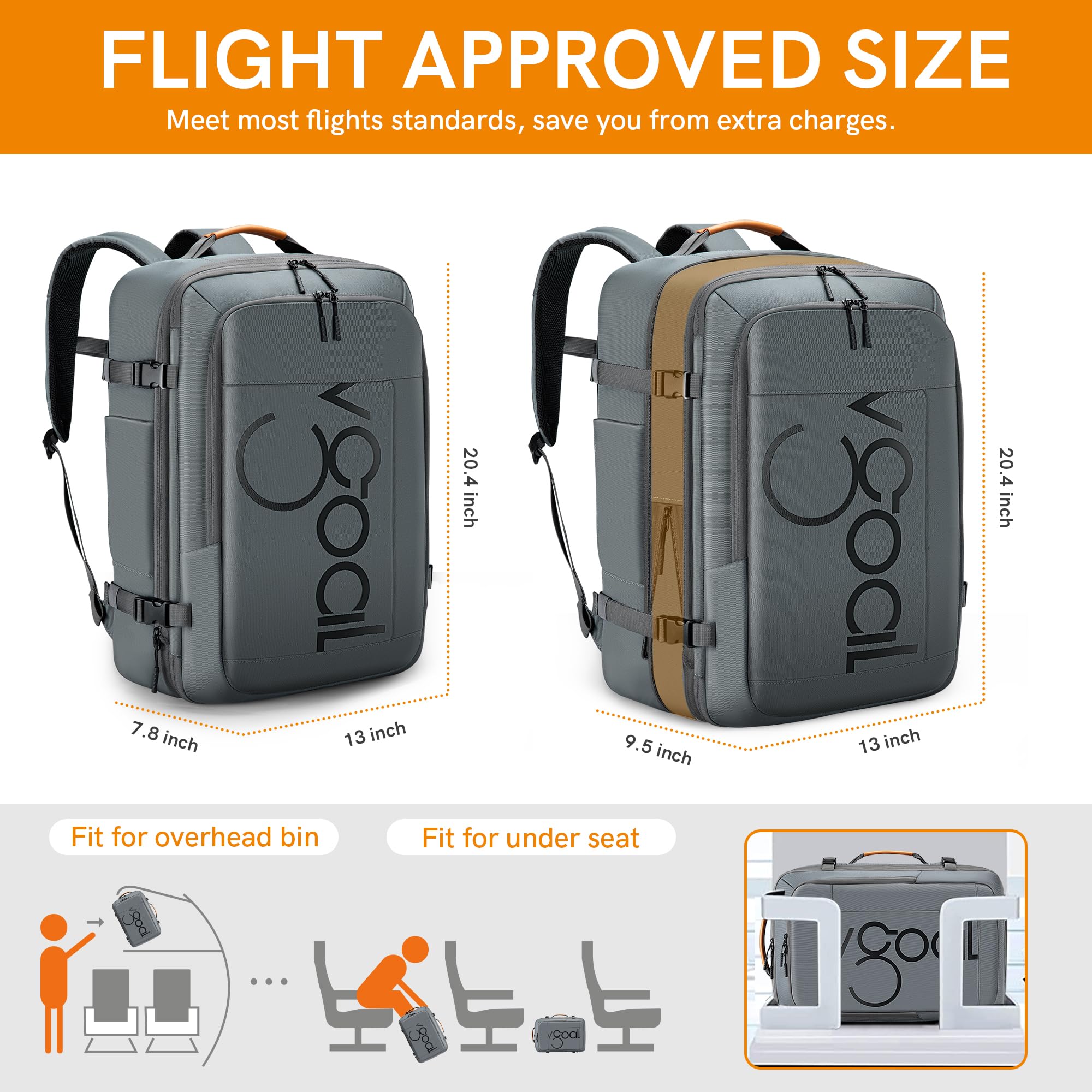 VGOAL 40L Expandable Travel Backpack for Women & Men - Flight Approved Carry On Backpack with 4 Packing Cubes - Perfect for Weekend Trips, Business Travel & Outdoor Adventures