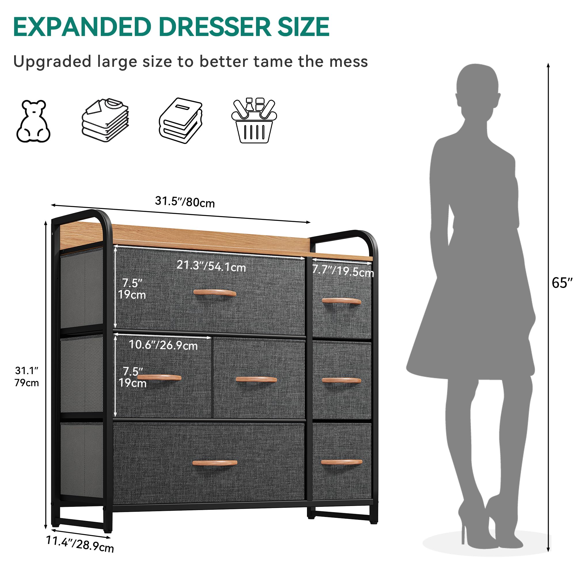YITAHOME 7-Drawer Storage Dresser with Sturdy Steel Frame & Wooden Top - Fabric Bin Organizer for Bedroom, Living Room, Hallway & Closet - Easy Pull Drawers, Space Saving Furniture for Small Apartments & Dorm Rooms (Grey)